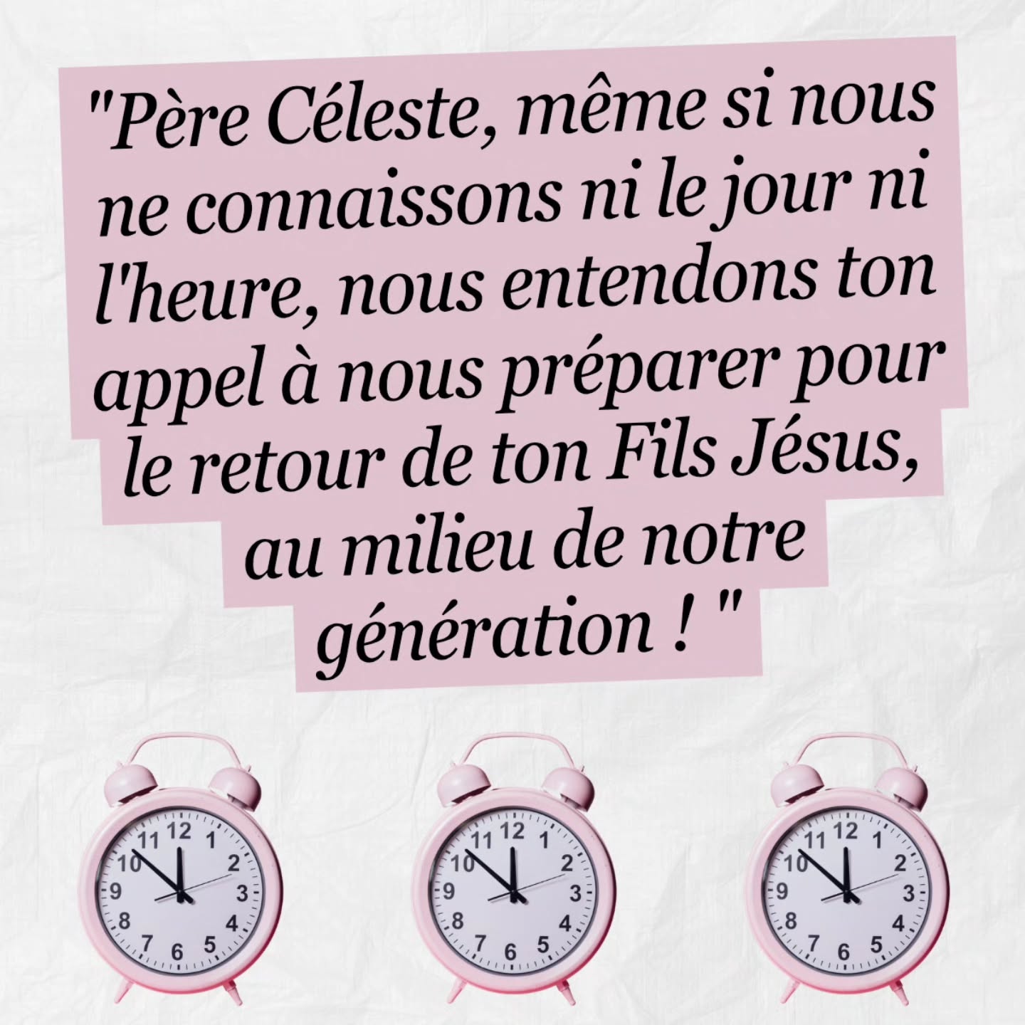 "Père Céleste, même si nous ne connaissons ni le jour ni l'heure, nous entendons ton appel à nous préparer pour le retour de ton Fils Jésus, au milieu de notre génération ! "
Amen 🙏
#bible #bibleverse #dieuestamour #dieuestjuste #generation
