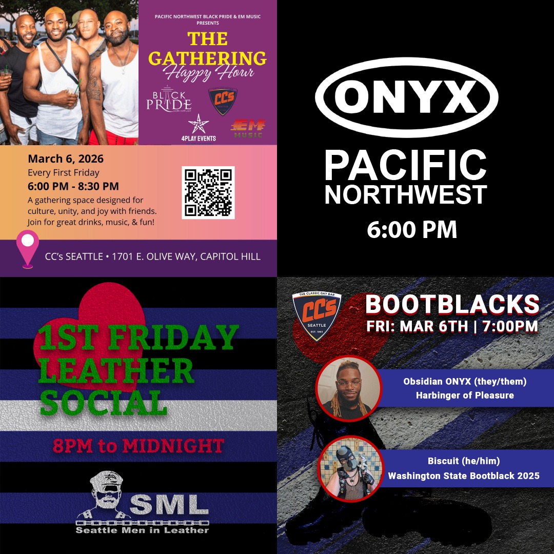 Tonight is First Friday! Come out and socialize with the community.
6:00PM Pacific Northwest Black Pride - The Gathering.
6:00PM ONYX Pacific Northwest - Seattle Bar Night
7:00PM Bootblacks - Obsidian & Kage
8:00PM Seattle Men in Leather - 1st Friday Social
Bootblack Bios:
Obsidian "Blackthumb" ONYX (they/them):
A native Seattleite, an enthusiast of sensual massage, and newfound bootblack. They are a brother of ONYX NW, on the leadership committee of Pleasure Hole and attends massage therapy school to better their craft and build a career. When they're not servicing or attending school, you can expect to find them practicing new recipes for meals and baked treats, as well as gaming, reading comics, and sketching all things nerdy.
Biscuit (he/him):
A leather dog, bootblack, and all-around geek who loves footnotes, bowties, and cookies. He currently serves as Washington State Bootblack 2025, and is committed to joy and accessibility in the community on and off his stand. He discovered leather via the petplay community in 2016, dove in headfirst, and hasn’t looked back since. He flags houndstooth on the left and grey, hunter green, mint green, and puppy on the right. When Biscuit isn't providing service to his Daddy-Sir JJ or the community, he can be found cataloging video game history, or sniffing out boots and leathers in need of a treat.