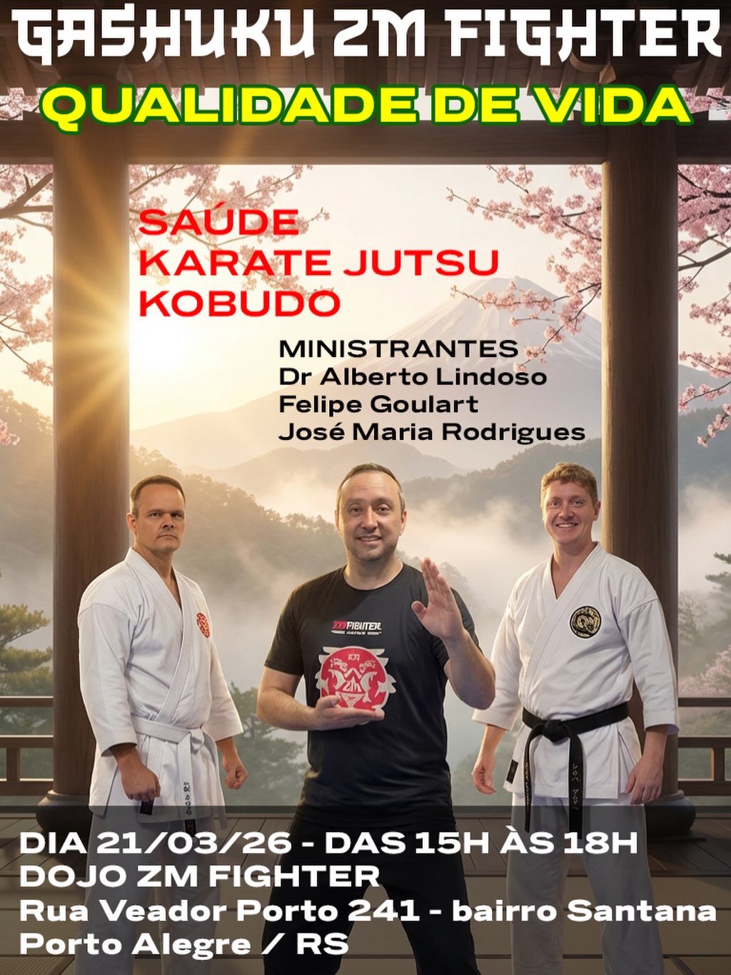 Neste encontro vamos falar sobre saúde, desde as crianças até os adultos, cuidados importantes para uma melhor qualidade de vida, com Dr Alberto Lindoso, cardiologista.
Teremos a História do Karate, a verdade nua e crua que sempre foi fantasiada e nunca falada.
Treino de Karate Jutsu, voltado para defesa pessoal, com Sensei José Maria.
Super treino de Kobudo, as armas de RyuKyu com o Professor Felipe Goulart.
Cada inscrição garante duas vagas. Não fique de fora.
Inscrições pelo site zmfighter.com ou chame no whats para informações.