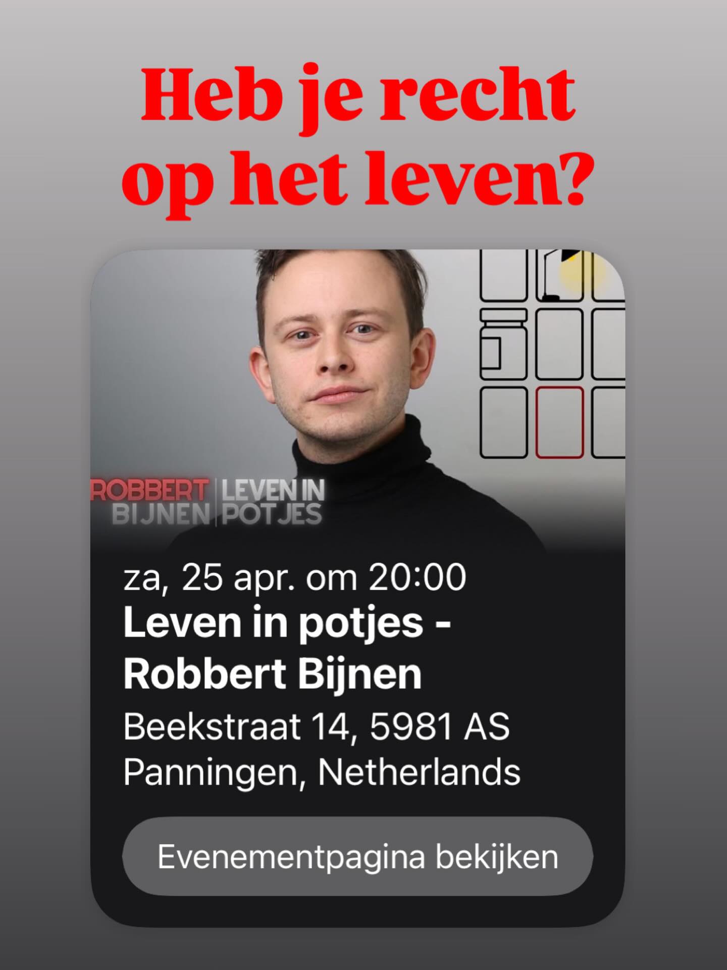 “Wie bepaalt of ik het recht heb om te leven? Misschien moet ik wel dood gaan.”
Deze vraag stelt Robbert in zijn persoonlijke voorstelling Leven in potjes. Wat denk jij? Heeft Robbert recht op zijn medicijnen om te leven?