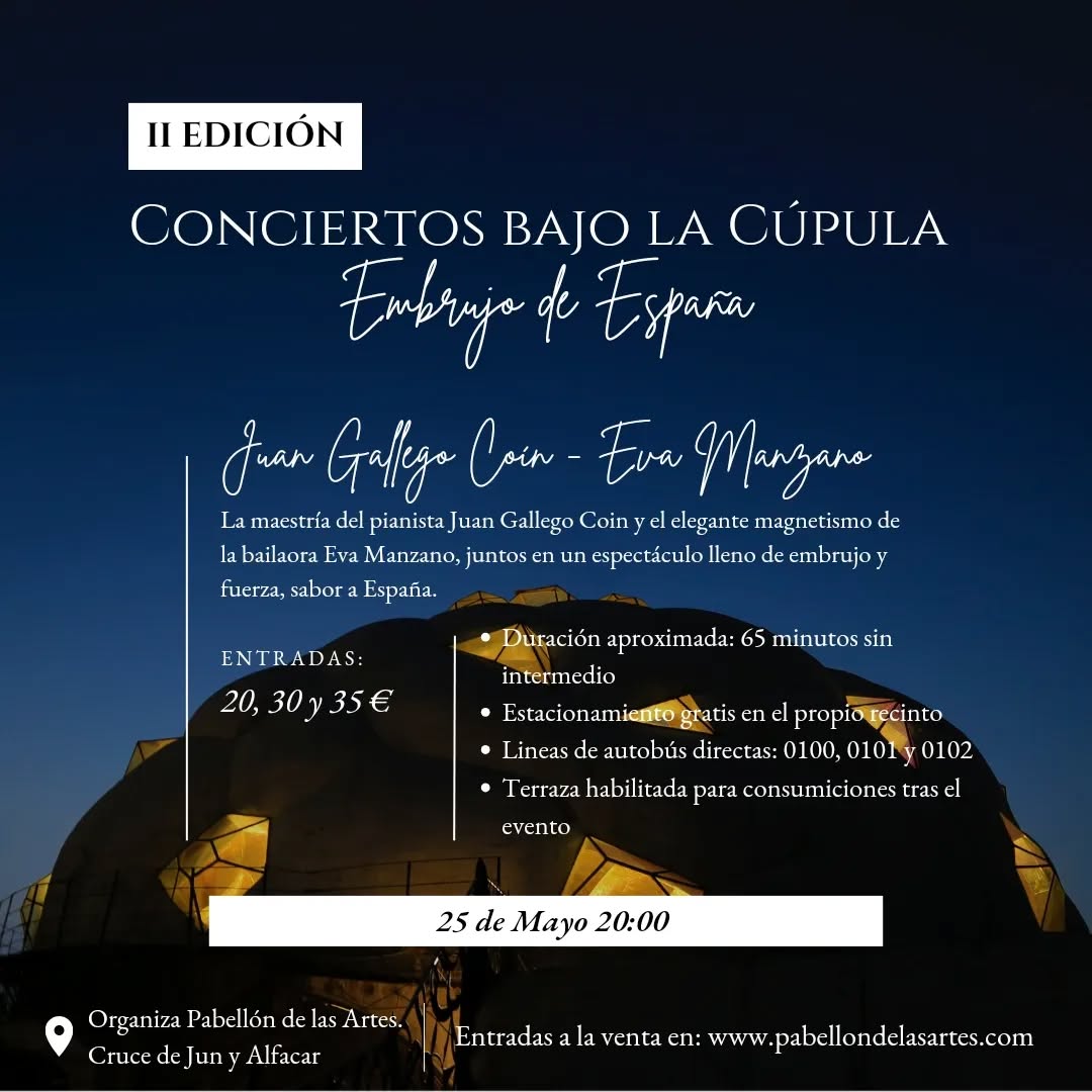 Tras la emocionante acogida de la I EDICIÓN, volvemos a marcar en nuestra agenda cultural una fecha, esta vez para la II Edición de Conciertos bajo la Cúpula, con “Embrujo de España”, un espectáculo donde la maestría del pianista Juan Gallego Coín vuelve a la galería.
Pero esta edición, va a ser aún más especial con la incorporación de esa experiencia visual explosiva y emocionante que te adelantábamos en stories...
.
🎹 Falla, García Lorca, Albéniz... y sus piezas más conocidas, interpretadas por el artista granadino @juangallegocoin y acompañadas por la elegancia, fuerza y magnetismo de la bailaora @evamanzano_ 🧡, quien a través de la danza, nos ofrecerá una experiencia mucho más interactiva con el espectáculo y el embrujo de su temática.
.
El matrimonio perfecto entre ambas disciplinas, la acústica envolvente de la Sala de la Cúpula y la estética única de este espacio prometen hacer florecer las emociones en esta II EDICIÓN DE CBLC, sabor a España 🇪🇸
.
Y para completar la velada, la terraza con vistas panorámicas permanecerá abierta tras el espectáculo para consumiciones y aperitivos. A nosotros nos parece la guinda perfecta para una noche completa, en todos los sentidos.
.
Pero como no sabemos si habremos sido capaces de hacerte entender la magia de estas ediciones de Conciertos Bajo la Cúpula de los que tan bien se está hablando, lo mejor es que reserves ya tus entradas para no perderte, “Embrujo de España”.🧡
.
#conciertosGranada #conciertos #músicaclásica #eventos #galeríadearte #cultura #arte #música #piano #espectáculos #Granada #CBLC #ConciertosBajolaCúpula