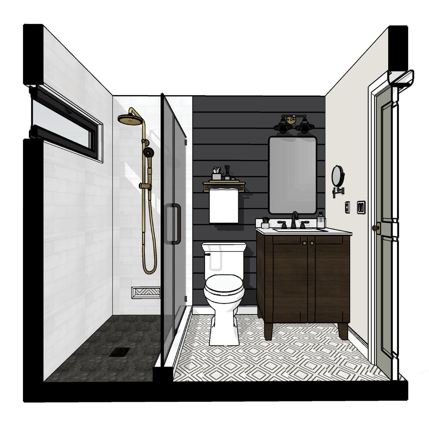 Our plans for remodeling our bathroom have been postponed for a few months now...buuuut, hopefully we’ll be back at it soon! For now these 3D renderings will have to do 🤨🧐🤔🤩 .
.
.
#jessiesinteriors #interiordesign #interiorstyle #bathroomremodel #bathroomrenovation #industrialbathroom #contemporarybathroom #walkinshower #showerwindow #shiplapwalls #3drender #sketchup #sketchupinterior #interiorrendering #interiorsection #3dinterior #howyouhome #interiorlovers #blackandwhitebathroom