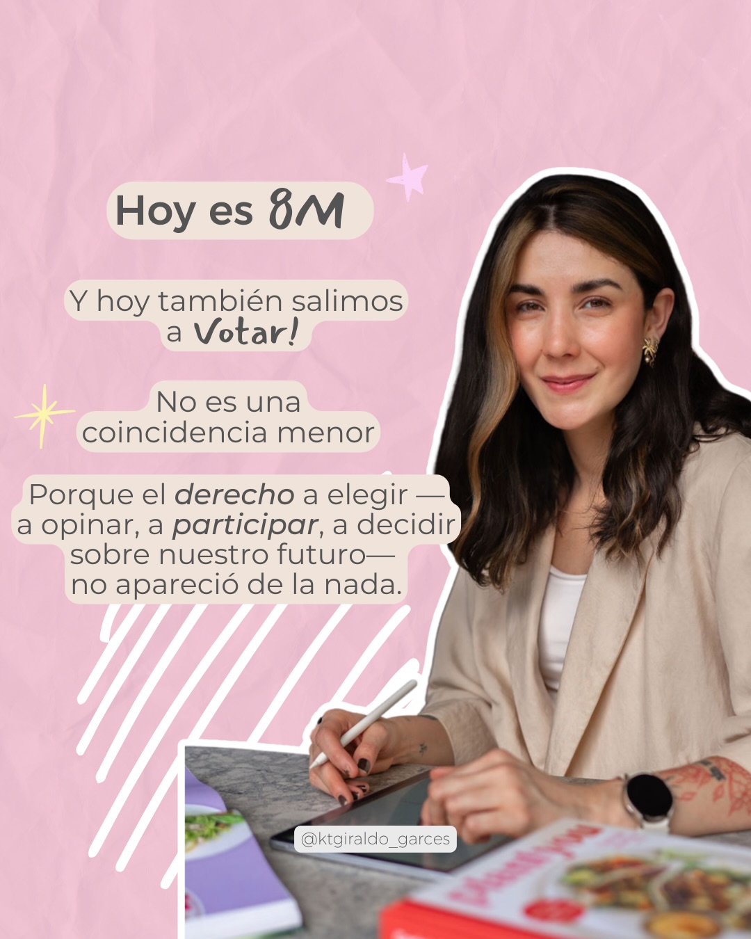 Hoy es 8M 💜
Un día para honrar a las mujeres que abrieron caminos antes que nosotras.
Hoy también votamos.
Y hacerlo es más que un acto político: es reconocer una historia de lucha que nos permitió tener voz y decidir.
Ejercer nuestros derechos también es una forma de cuidarlos.
#8M #DíaDeLaMujer #MujeresQueDeciden #Memoria #Derechos KTGiraldo NutriciónConsciente 💜