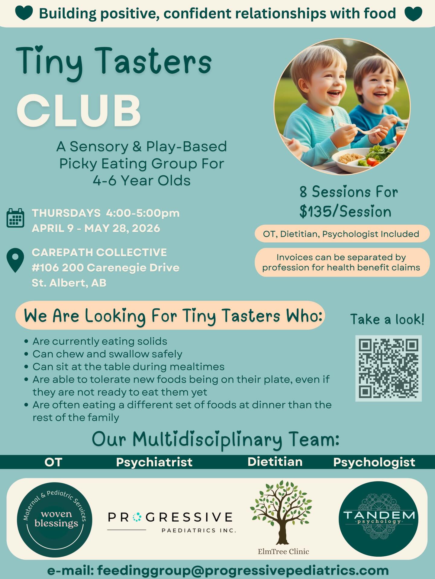 🍝We are so excited to announce a new 8 week picky eating group for kiddos ages 4-6yrs!!! Our goal is to help children build foundational skills and confidence to tolerate and enjoy new foods!!
Our team includes:
🍎Occupational Therapy from @woven.blessings
🥕Dietitian from @progressivepaediatrics
🥗Psychology from @tandemyeg
🥯 Psychiatry from Elm Tree
By combining these specialties, we address the sensory, nutritional and emotional aspects of feeding all at once.
DM us for details and registration!
#multidisciplinary #pickyeating #collaboration