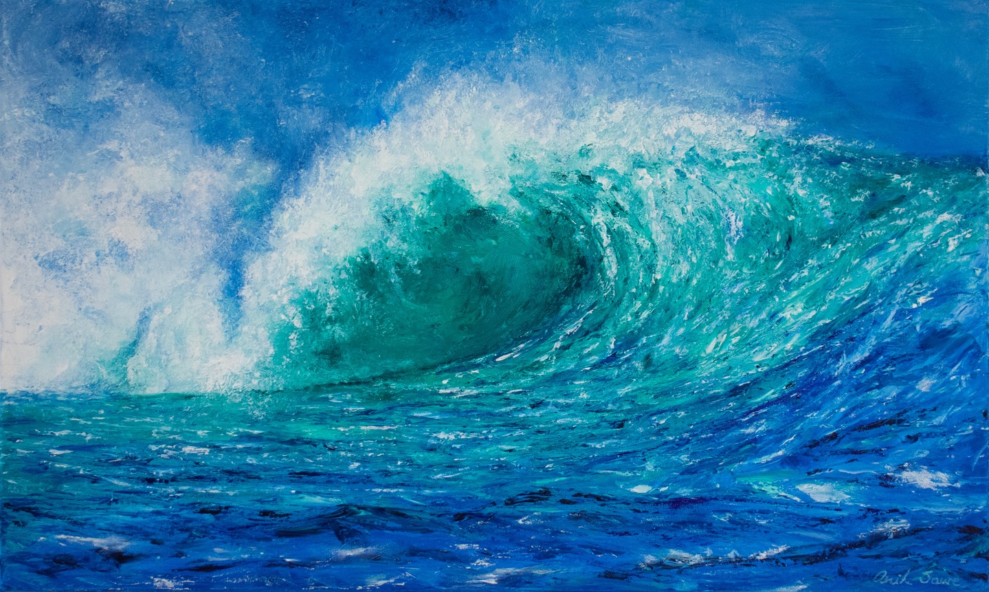 Ready to Surf | 30x15 — Bring the ocean's energy into your home with this palette-knife wave study in vivid blues. Perfect as a coastal focal point for living rooms, offices, or studios. Link in Bio #OceanArt #CoastalDecor #AbstractWave #WallArt #SaweArts