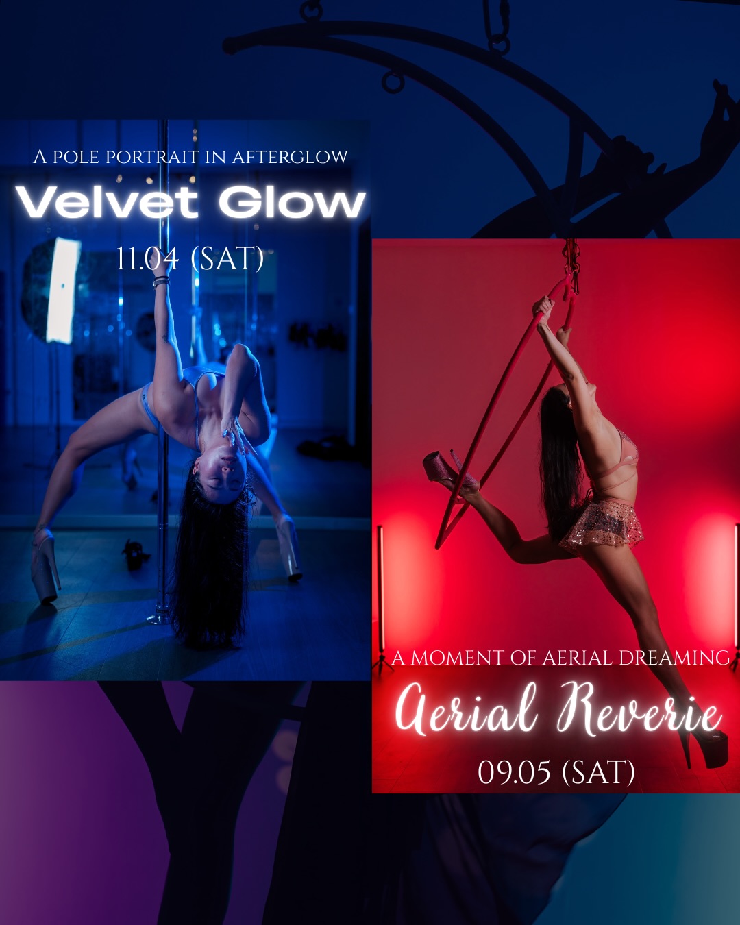 ๐ธ๐๐๐๐๐๐๐๐๐๐ โธปTwo different worlds. Two different energies. One chance to capture your pole & aerial journey in a moment of light.
We are opening slots for ๐๐โด different photoshoot:
***
๐๐ฑโฏ๐๐โฏ๐ ๐ข๐โด๐ : a pole portrait in afterglow.
Inspired by late-night city lights, casting a soft luminous glow on your skin. Mirrors, reflections and cinematic lighting create an intimate portrait of your pole journey.
>> 40mm pole
๐๐โฏ๐๐พ๐ถ๐ โโฏ๐โฏ๐๐พโฏ: a moment of aerial dreaming.
Soft lights, flowing lines and suspended moments. A quiet poetry of body in air , graceful, expressive and timeless.
Choose the mood that speaks to youโฆ or experience both.
>> Choose from aerial moon, heart, hoop, loop or chains
>> Price is for one apparatus only, additional apparatus @ $15/per apparatus
๐๐๐๐๐๐๐:
5 Edits / pax
30 mins / pax with an hour shared between 2 pax
Instructor will be on site to assist
๐๐๐๐๐ ๐๐๐๐
โจ Bundle Special: Enjoy 10% off when you book both photoshoots.
๐ฅ Early Bird / Euphoria Term student:
$280 / 5 edits
30mins / pax (1 hour shared between 2 students)
๐ Standard Price:
$300 / 5 edits
30mins / pax (1 hour shared between 2 students)
๐๐๐๐๐ / ๐๐๐๐
Velvet Glow โ 11.04 (Sat), 4PM
Aerial Reverie โ 09.05 (Sat), 12PM
๐๐๐๐๐๐๐๐:
Euphoria Pole & Aerial
Limited slots available. Book via link in bio
