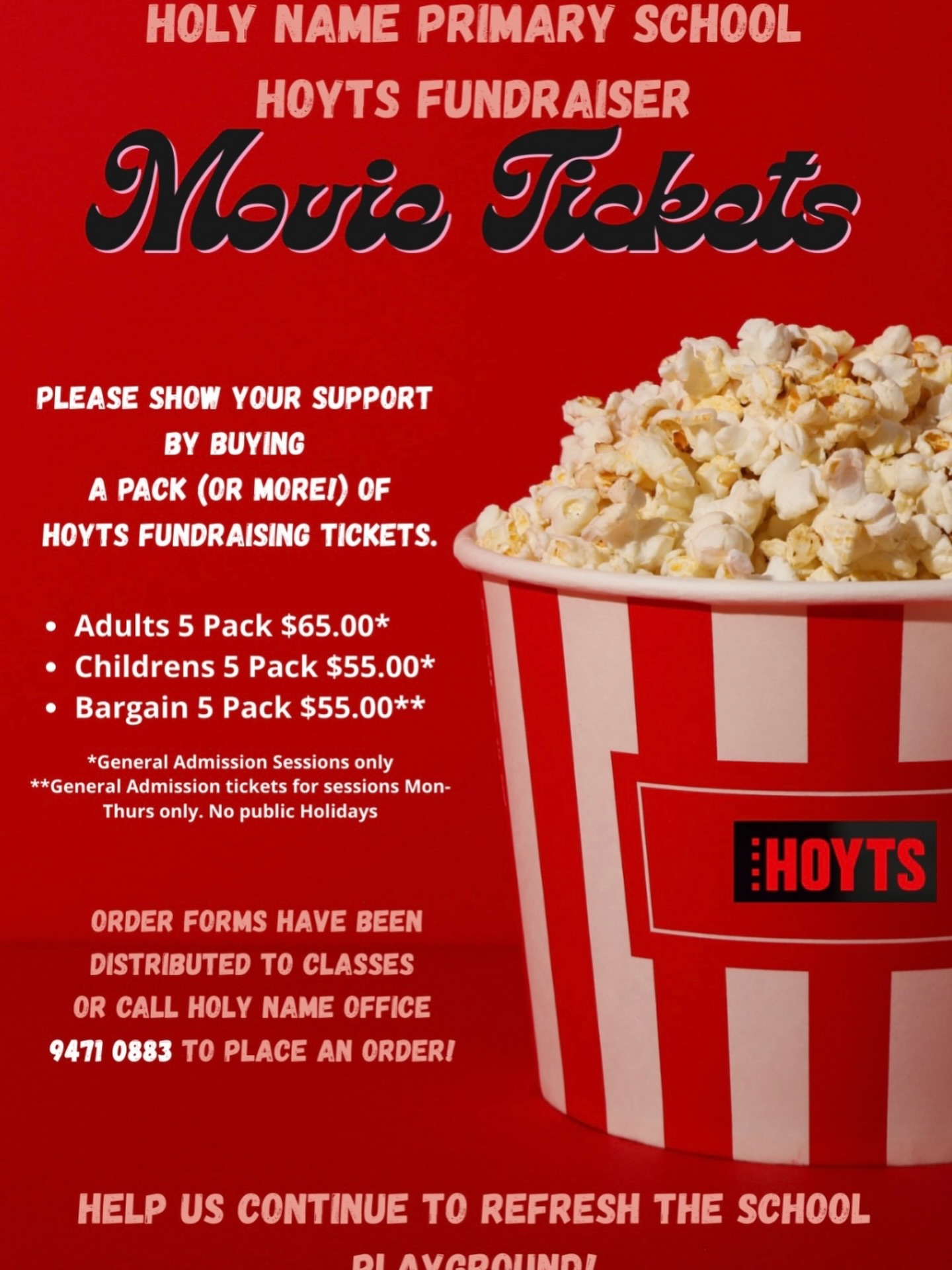 Calling all movie lovers! Time to get organised for the Easter school holidays and purchase cheap Hoyts movie tickets today!
The P&F are fundraising to help continue upgrades to the school playground- please help support their fundraising efforts and take advantage of some cheap movie tickets! ๐ฟ ๐ฅ
Order forms have been sent out via the school or call the office to order your tickets ๐ซ
ORDERS CLOSE 18th MARCH!