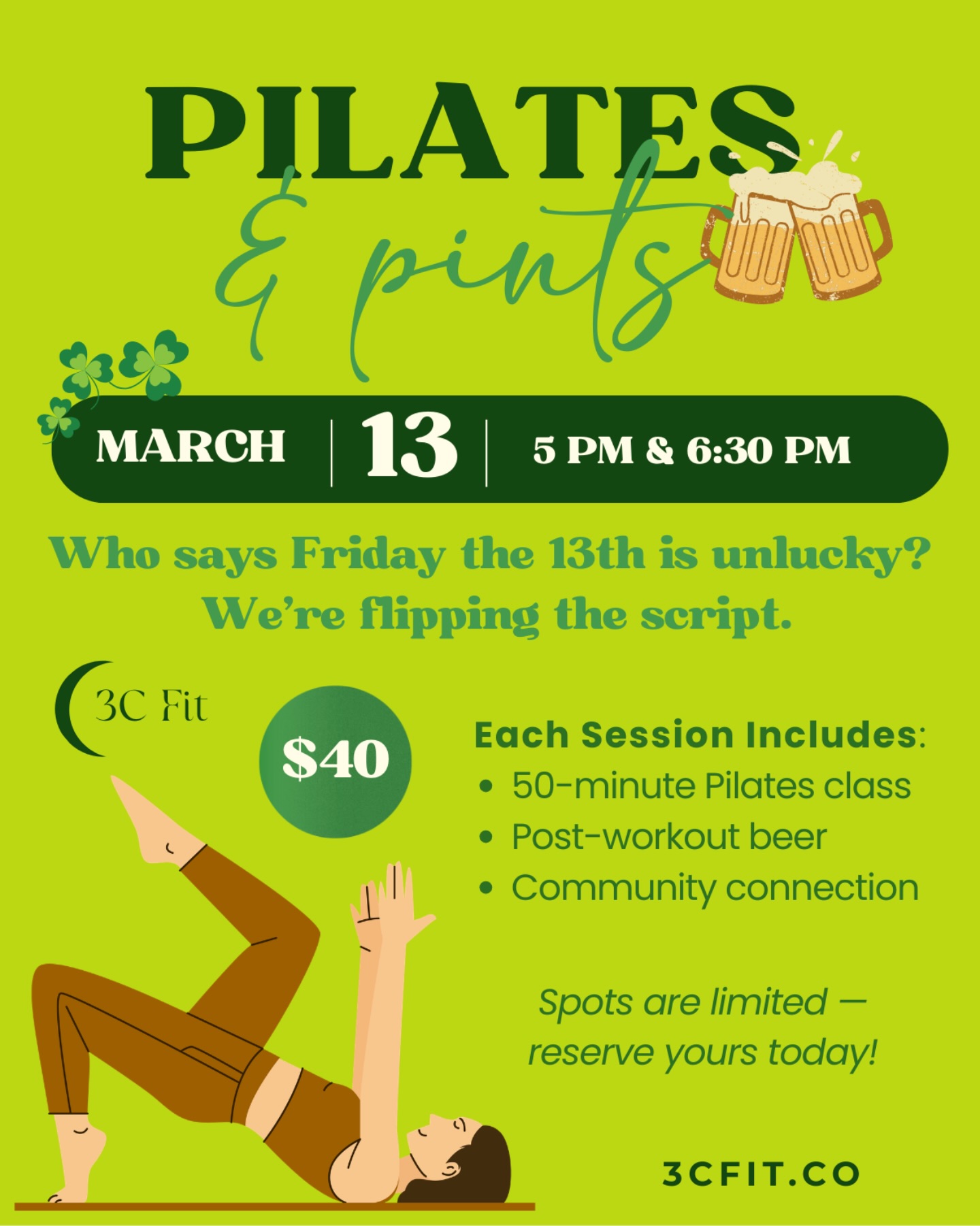 Join us for a 50-minute full-body Pilates workout, followed by a well-earned pint and some community connection. 🍺 Your only bad luck would be missing it! ☘️ #denverevents #pilatesdenver