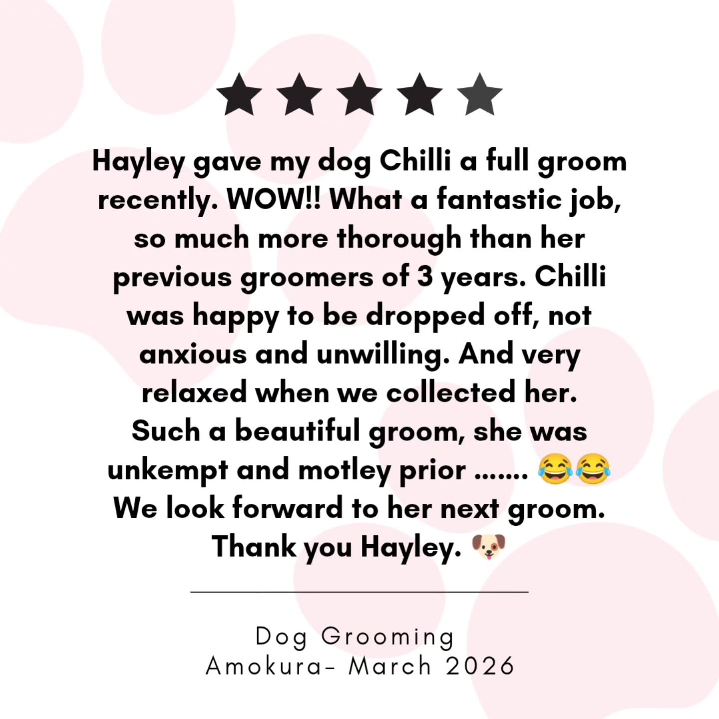 We love a good 5 âââââ review.
Thanks so much for the kind words.
Every follow, like, comment, review and order makes my day. Small business life is hard. It's these small things that makes it worth it đ„°
#5star #doggroominglife #smallbusiness #review