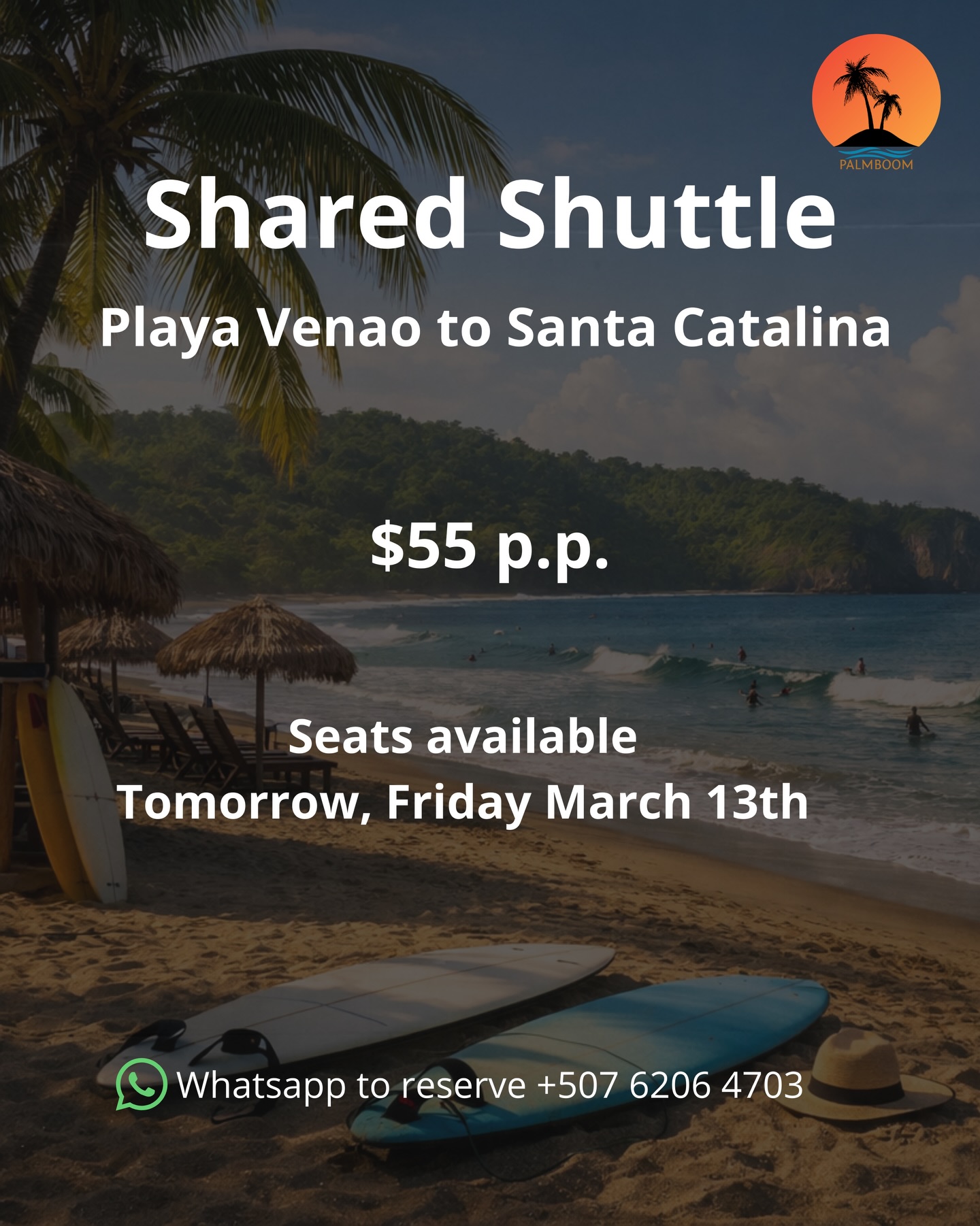 Traveling from Playa Venao to Santa Catalina tomorrow?
We already have two travelers booked for a private transfer, and they’re happy to share the ride.
That means we can offer this route as a shared shuttle if more passengers join.
🚐 Playa Venao → Santa Catalina
💰 $55 per person
🧳 Door-to-door transport
Perfect for travelers heading to Santa Catalina to surf, or for diving or snorkeling trips to Coiba National Park.
Send us a message if you’d like to reserve a seat +507 6206 4703.
#playavenao #santacatalina #visitpanamá