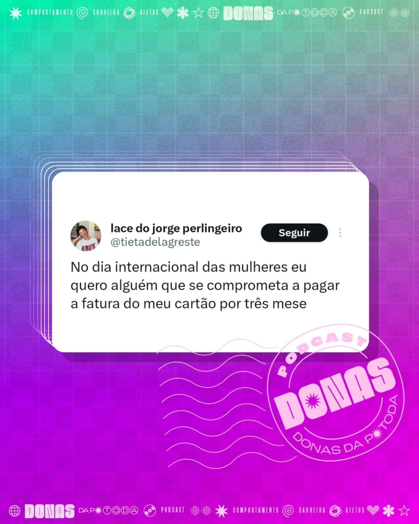 Segunda-feira, 9 de março de 2026. Prontas para mais uma semana e mais uma curadoria de tweets?
Nesta terça tem episódio novo no ar. Aproveita para seguir o Donas e avaliar com 5 estrelas no Spotify e na Apple Podcasts.
Contribua com a nossa campanha de financiamento coletivo em apoia.se/donasdaptoda e receba conteúdos exclusivos, brindes e muito mais
#donasdaptoda #podcasts #mulherespodcasters