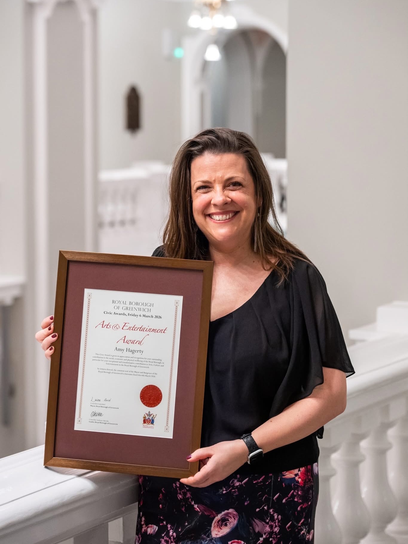 Congratulations to our talented Musical Director Amy Hagerty who was awarded at the Greenwich Civic Awards last week for her contribution to Music within the community and borough.
It is lovely to see her hard work and dedication being recognised. Well done Amy we are very proud.