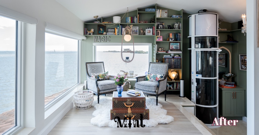 When design challenges become opportunities!
This primary bedroom entry had it all: a split-level, a capsule elevator dead center, walls of windows, and basically no usable wall space. Instead of fighting it, I leaned in. I transformed what was once a makeshift workout corner into an elegant library and sitting area.
A statement-making green anchors the space, giving it its own identity within the larger room. Now it's the perfect spot for afternoon tea, a good book, and those ocean views. Sometimes the trickiest spaces become the most special and that's what I love so much about interior design.
