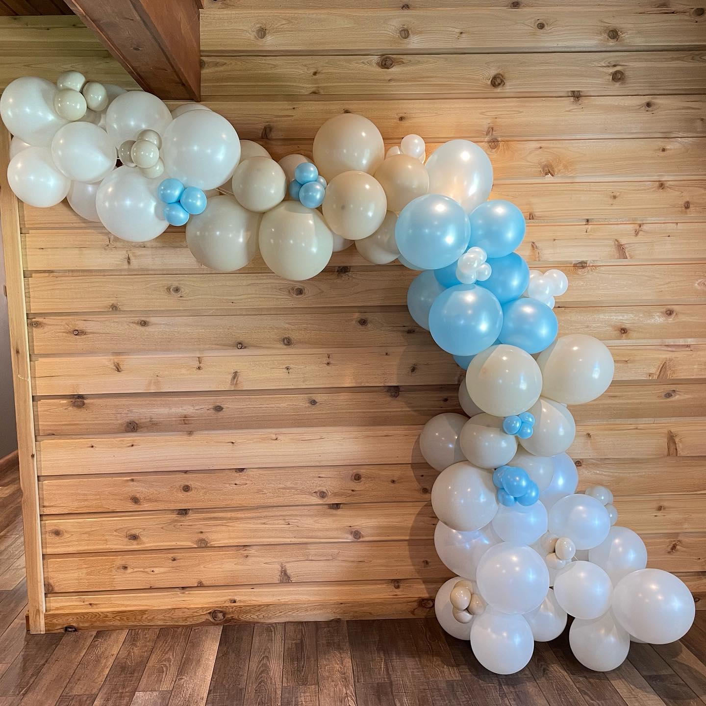 Organic Balloon Garland for a baby shower @brandywinecreekwinery Colors: Pearl White, White Sand, Pearl light blue