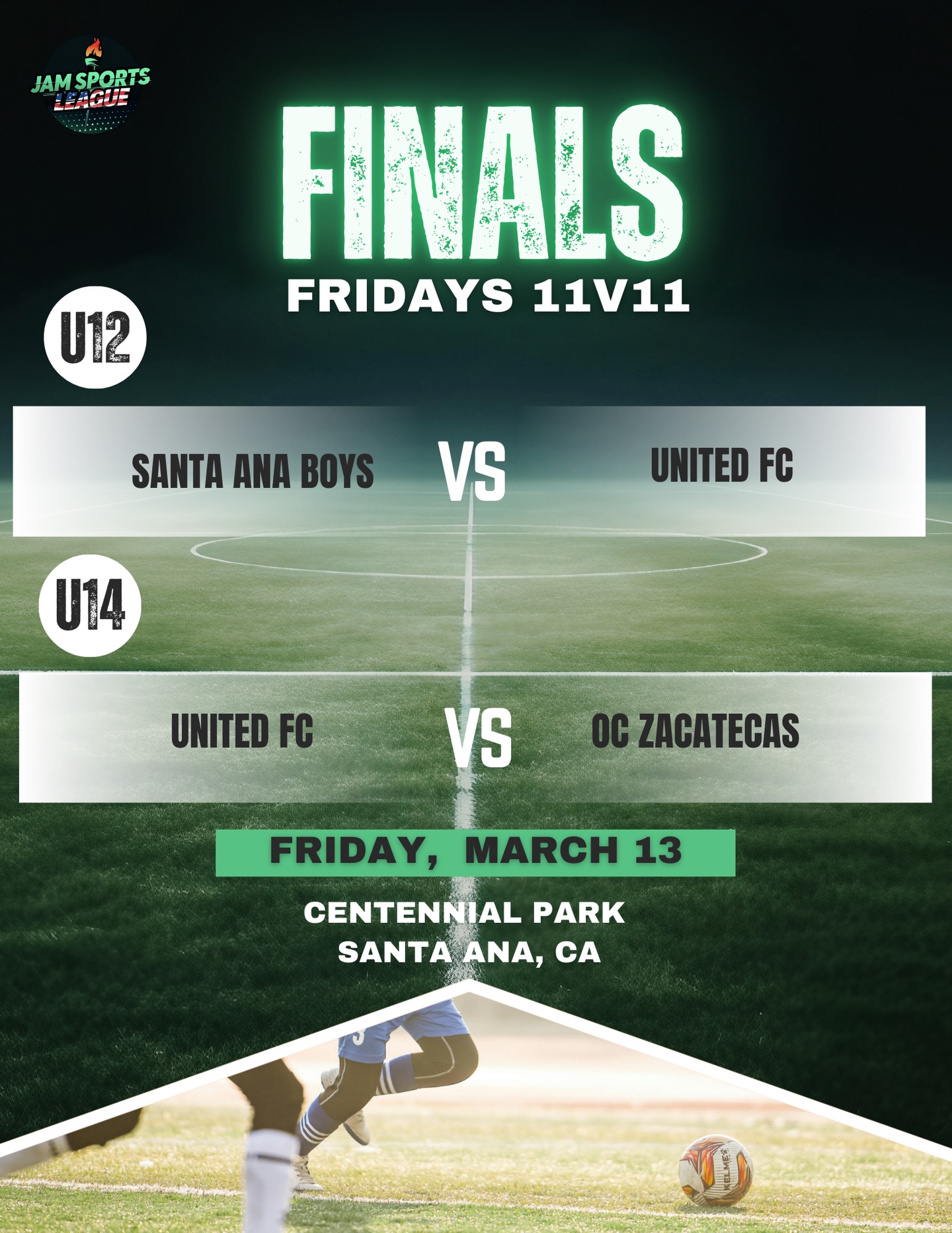 The FINAL is set. 🔥🙌👏
📅 FRIDAY, MARCH 13
⏰ U12 - 7:00 PM | U14 - 8:00 PM
📍Centennial Park
After a hard-fought season, it all comes down to this. 👏🏆
Who will take it all? 👀⚽️
#soccerleague #localsoccer #santaana #jamsportsleague