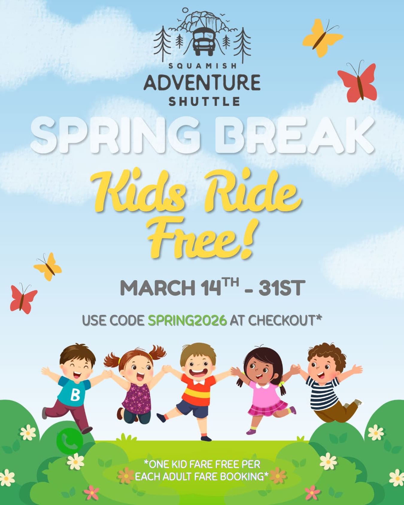 Adventure with the whole family this Spring Break! 👨👩👧👦
For every Adult fare booking, you receive one Kids fare free! 🎟️ Just enter promo code SPRING2026 at checkout. 🎉.
Valid for trips from March 14th - 31st. 🗓️