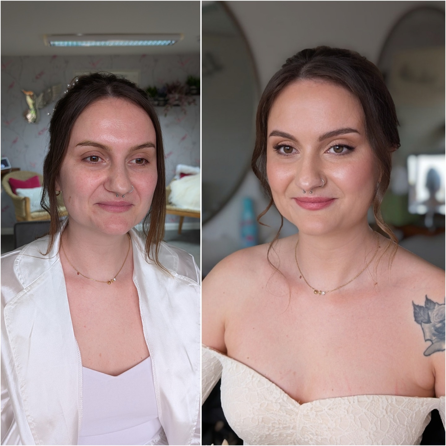 Hayley's Bridal Makeup Look
Hayley really wanted to feel comfortable in makeup and let me take the lead in suggestions so we worked together on a plan. She requested no foundation only a tinted base, a must was a radiant glowly bronzed and blush look. We talked about a pink look on her eyes but I recommended the bronze, gold and browns from her original inspo of Chelsea would make her brown eyes pop and play up the pinky look on her cheeks and lips instead.
I used a light tinted base, correctors & concealers, I had a beautiful canvas already to start with, you will never regret putting in the effort with skincare.
Lots of light layers all blended in for that naturally enhancing bridal glow look I love to create.
Softly defined eyes with liner and shadows, but nothing over powering and a couple of cluster lashes on the corner as a last minute addition, my motto start off soft and we can always add more. I used a mix of colours on the liner look with a hint of a purple too, you can't tell but purple looks great against brown eyes.
What a beaut!
Hairstyle wise I styled her hair into a mid height textured twisted updo with some waves left out for a boho undone look and soft waves around the face, will post more about that.
Such a lovely laid back morning thanks for having me @hayley_lineham
You can see some sneak peak pro photos from the fab @becca_roundhill_photography on a previous post
#millbrook #millbrookweddings #muamillbrook #naturalbridalmakeup #bridalmakeup #weddingmakeup #hmua