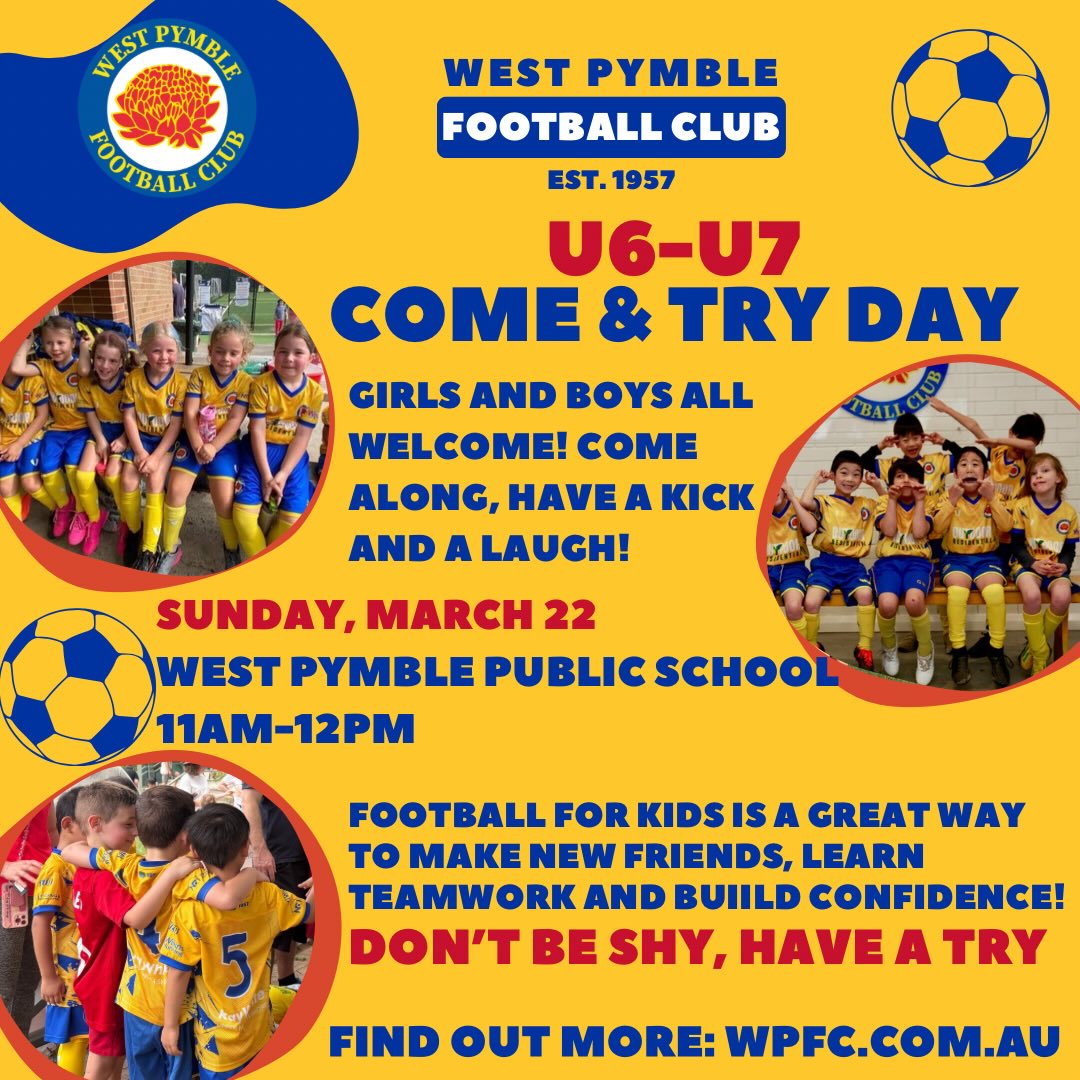U6 - U7 Come and Try day is here! 💛💙
Boys and Girls, Mums and Dads, come and join us on Sunday, March 22 for our intro to football day for U6s and U7s!
Learn some skills, meet some of your teammates, and give it a try! Free kick around for all, what better way to spend your Sunday?!
We hope to see you there! 💛💙
Find out more at WPFC.com.au
