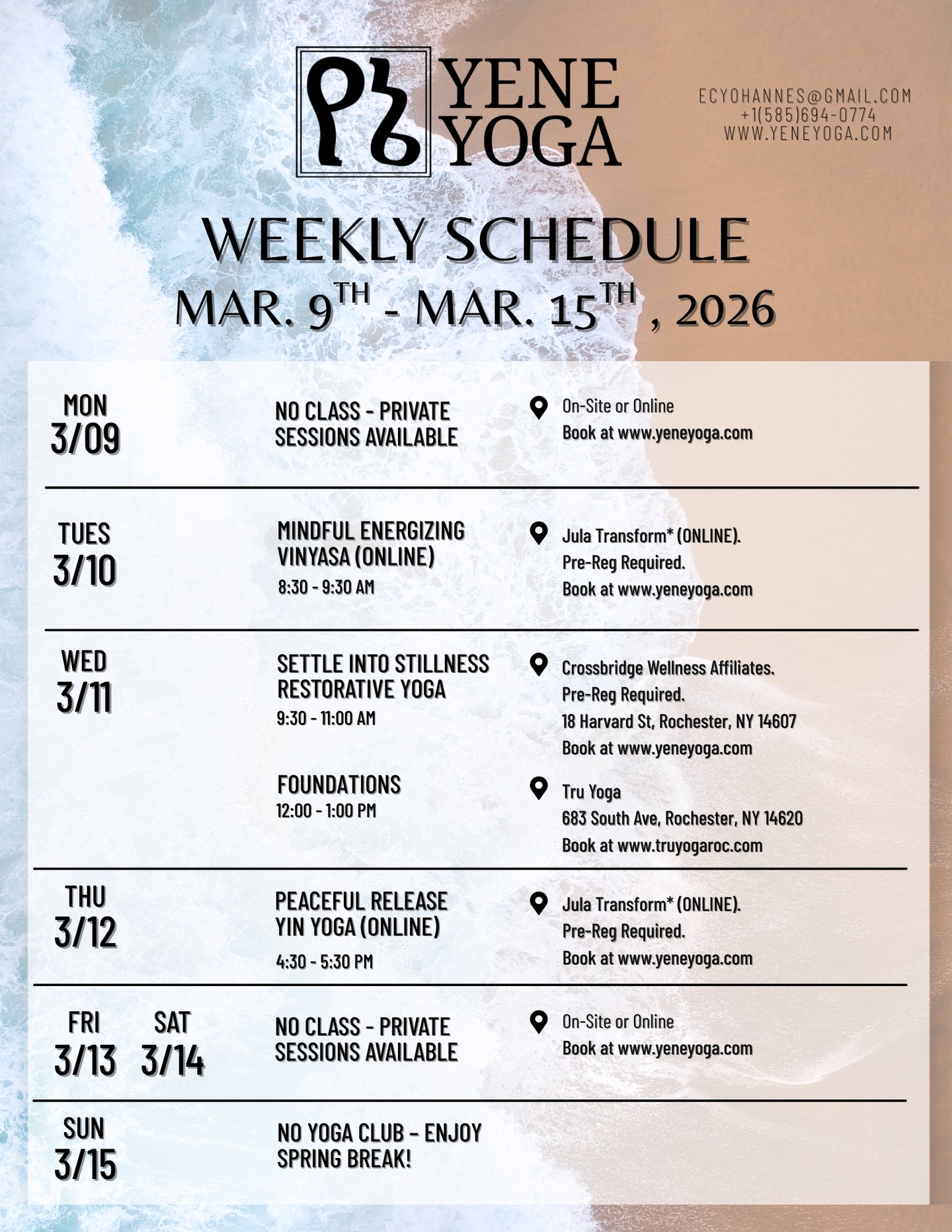 This week's Yene Yoga newsletter, honoring the changing seasons, the Blood Moon, and the Holi Festival, is now live! Read on at:
https://www.yeneyoga.com/so/41PpDvgKI?languageTag=en
📌EVENTS:
THURSDAY, 3/19 7:30 - 8:45 PM.
Join me for this month's Yoga for BIPOC & Allies Community Class, held at @truyogaroc ! This will be a Restorative Yoga class. All community classes are pay-what-you-can; props available on-site.
*All Tru classes must be booked directly through Tru at www.truyogaroc.com. All other classes can be booked at www.yeneyoga.com.
🌈Monday 03/09
NO CLASS - Private Sessions Available
🌈Tuesday 03/10
🌕Mindful Energizing Vinyasa (ONLINE ONLY)
8:30 - 9:30 AM EST
Jula Transform
Held ONLINE
$10 flat-rate
Please book at least 30 min* before. PRE-REG REQUIRED.
🌈Wednesday 03/11
🌕Settle into Stillness Restorative Yoga
9:30 - 11:00 AM EST
Crossbridge Wellness Affiliates
18 Harvard St, Rochester, NY 14607
$10/$15/$20 Sliding Scale pricing. PRE-REG REQUIRED.
🌕Foundations*
12:00 - 1:00 PM EST
Tru Yoga
683 South Ave, Rochester, NY 14620
$10/$15/$20 Sliding Scale pricing
🌈Thursday 03/12
🌕Peaceful Release Yin Yoga (ONLINE ONLY)
4:30 - 5:30 PM EST
Jula Transform
Held ONLINE
$10 flat-rate
Please book at least 30 min* before. PRE-REG REQUIRED.
🌈Friday 03/13
NO CLASS - Private Sessions Available
🌈Saturday 03/14
NO CLASS - Private Sessions Available
🌈Sunday 03/15
NO CLASS. Hatha Yoga Club will return Sunday, 3/22. Enjoy spring break!
#rochesteryoga #events #beginner #vinyasa #yin #restorative #peace #rest #thingstodo #rochesterny #yoga