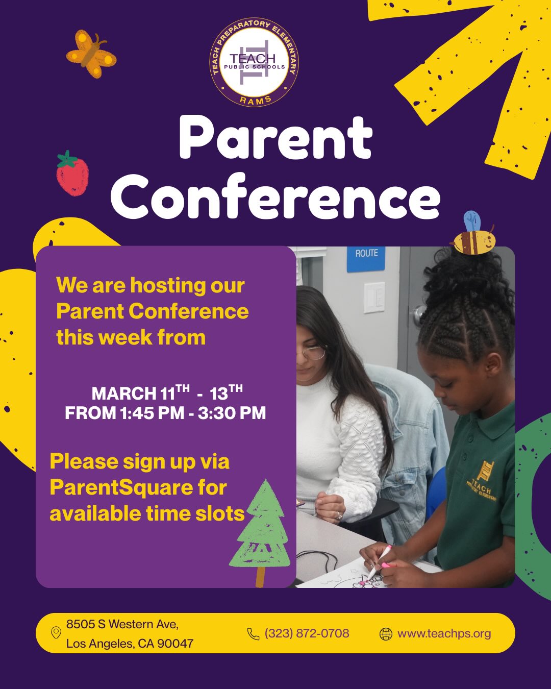 Hello TEACH Prep families! 👋🏽
We’d love to connect with you this week. Join us Wednesday-Friday, March 11-13 from 1:45-3:30 PM to meet and chat about your child’s learning and progress.
Please sign up for an available time slot through ParentSquare. We look forward to seeing our TK-4th grade families!
#TEACHPrep #TEACHAcademy #TKto4th #ParentPartnership #SchoolCommunity