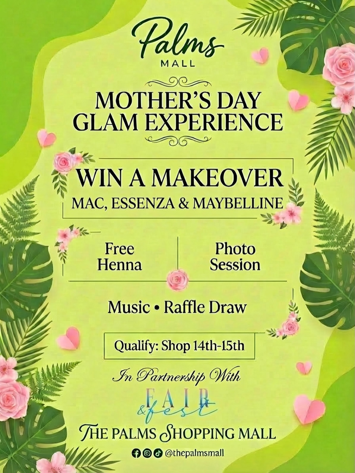 Celebrate Mother’s Day with us at The Palms Mall for a special Mother’s Day Glam Experience 💐
Stand a chance to WIN a full makeover by MAC, Essenza & Maybelline and enjoy a day filled with:
💄 Glam Makeovers
🌿 Free Henna
📸 Free Photo Session
🎶 Music & Raffle Draw
🛍 How to qualify:
Shop at The Palms Mall on March 14th or 15th to enter the raffle draw.
Make it a date with mom and give her the pampering she deserves 💕
📍 The Palms Shopping Mall
👩👧 Tag a mom who deserves this!
#MothersDay #PalmsMall #MothersDayExperience #IbadanEvents #ShopAndWin CelebrateMom ThePalmsMall