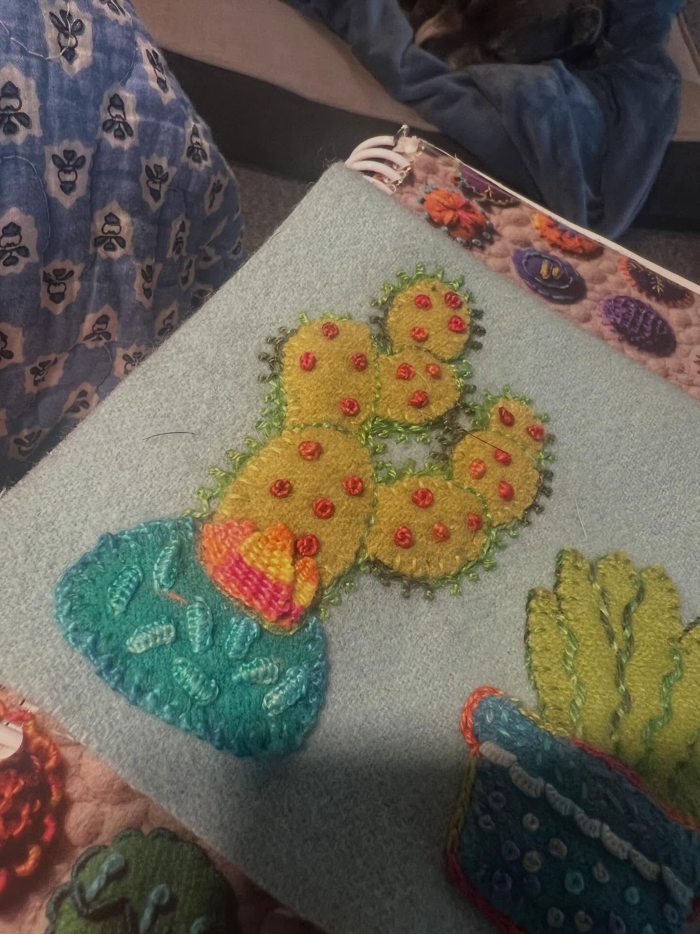 Well that was a blast. Many many thanks to the Putaruru Patchwork group. They invited me over to run a class on embroidery stitches. I made up this sample of some cactuses which has lots of different stitches. Everyone did so well and we will complete it next month at the second class. Thanks you to @flossiphy.art - Pauline you are a star for keeping the shop open. And also my best buddy Julie for taking the puppies on for the day. I couldn’t do this without you all - starting to realise just how important friends are. #stitching #nzembroidry