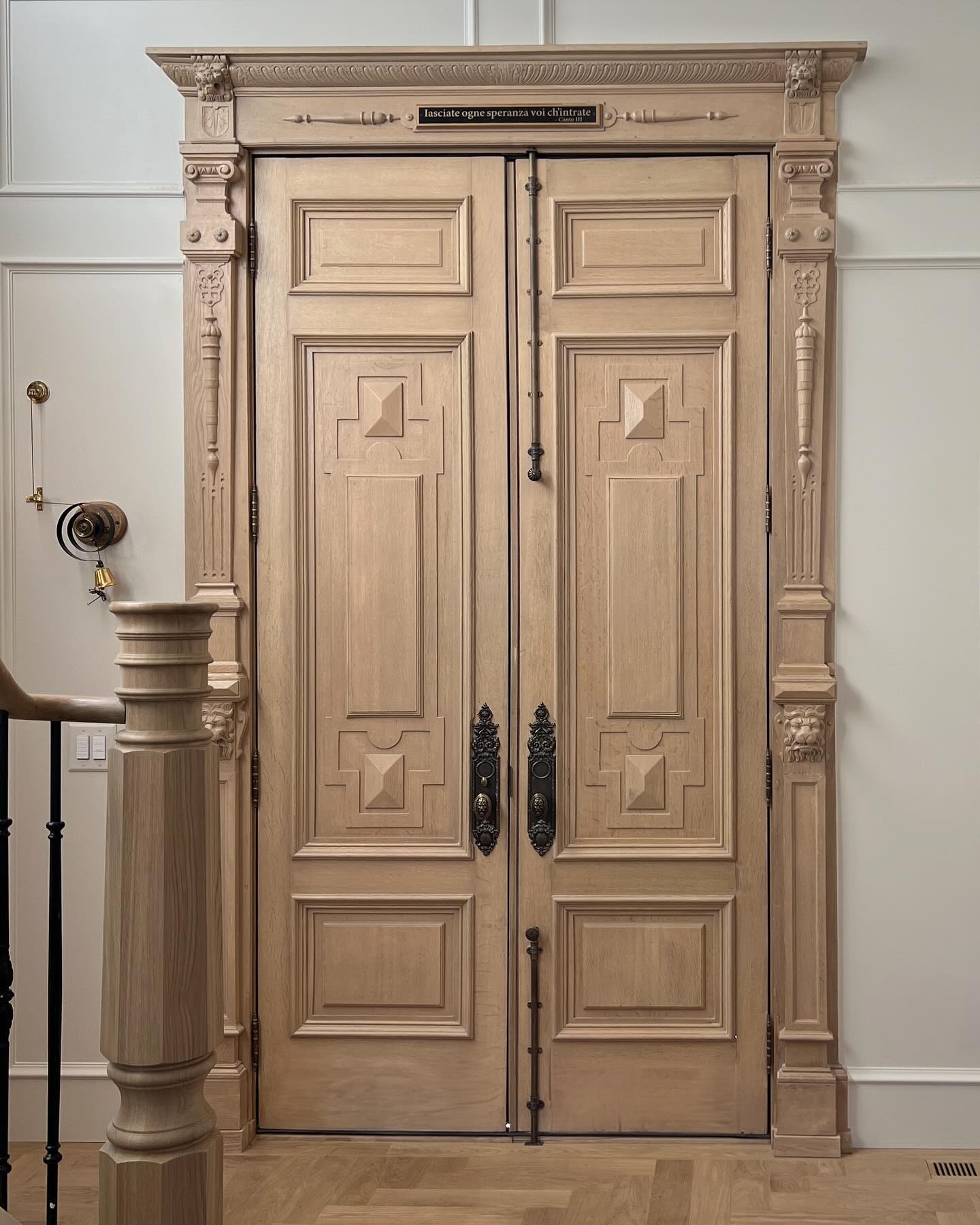 This home oozes history. These incredible 19th Century Belgium Oak double doors were restored to its full beauty. They are almost 11’-0” tall and make such a stunning impact at the entrance of this home. #RenaissanceRemodel