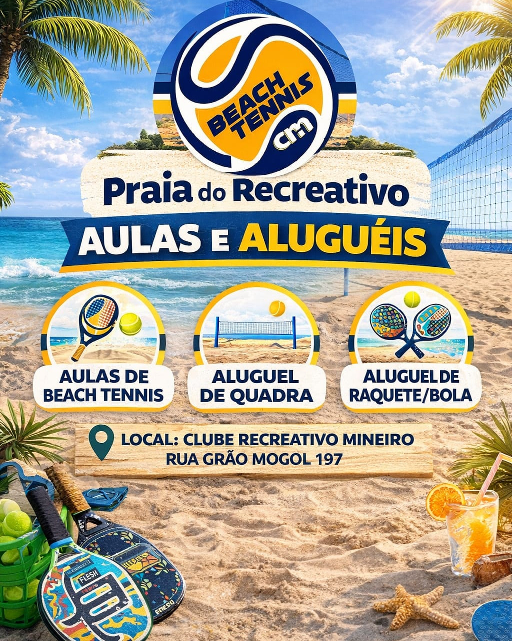 🏖️ A Praia do Recreativo chegou!
Agora você pode curtir o melhor do Beach Tennis no Clube Recreativo Mineiro! ☀️🏐
Oferecemos:
🎾 Aulas de Beach Tennis para iniciantes e praticantes
🏖️ Aluguel de quadra para jogar com os amigos
🏓 Aluguel de raquete e bola
Venha praticar esporte, se divertir e sentir o clima de praia sem sair do clube! 🌴
📍 Local: Clube Recreativo Mineiro
Rua Grão Mogol, 197
Chame os amigos e venha jogar! 💛💙