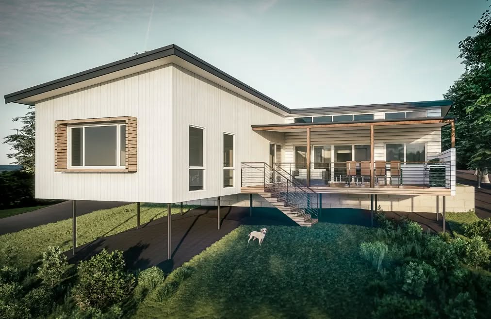 Pretty happy this one only grew to 282m2, as there is a lot inside this home. 2 living areas, master, guest, and aux bedrooms, large garage and deck. A deliberate understated frontage opening up to some stunning views from the rear 😉