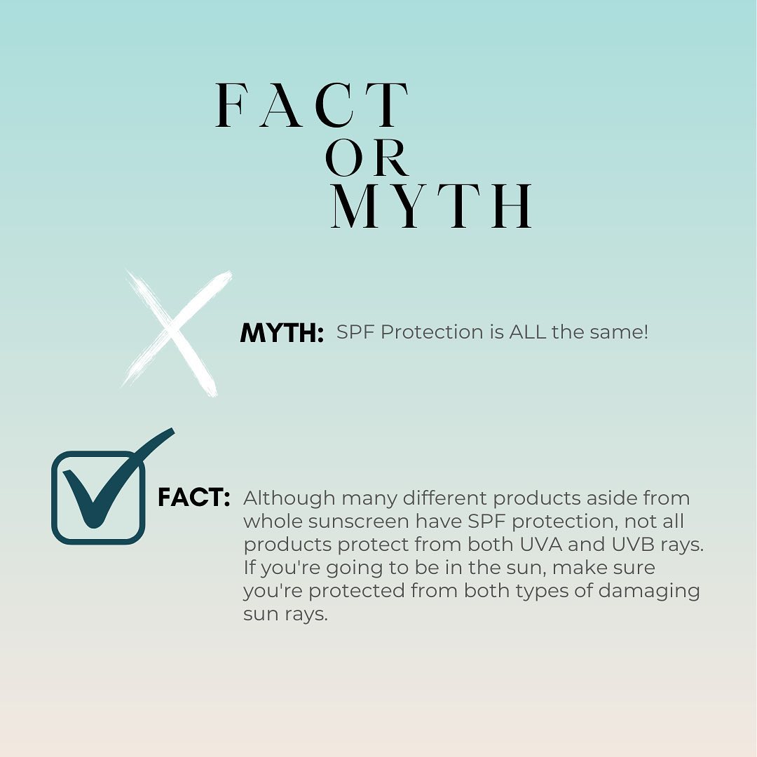 Fact or Myth: Sunscreen edition 🌤 #ProtectYourSkin
🌟Products
Illuminating Mineral Mousse is incredible and ideal for light to medium skin tones. Since it’s tinted, it effortlessly blends into your skin, SPF 30
Flawless Photo Finish, gives dull skin a flawless glow! ideal for light to medium skin tones, SPF 40
Sheer Tinted Mineral, minimal coverage sunscreen is great for medium to darker skin tones, SPF 40
Non-Tinted Mineral Sunscreen is ideal for light to medium skin tones, SPF 40