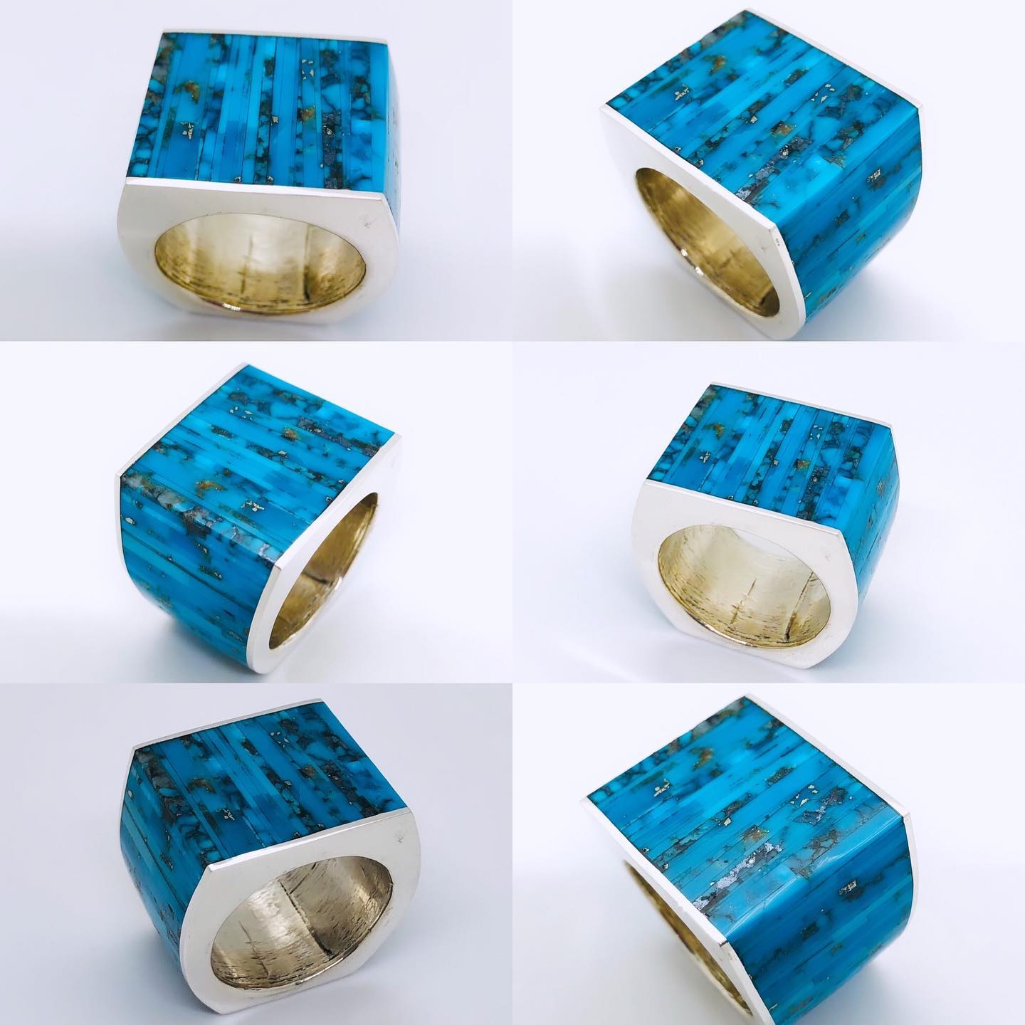 Customer: “I want the ring to be huge!” Me: “Is this Texas enough for you?!” An amazing 1&1/4” wide ring with a whole lot of inlay! #contemporary #inlay #microinlay #nativeamerican #jewelry #turquoise #kingmanturquoise #spiderwebturquoise #architectual