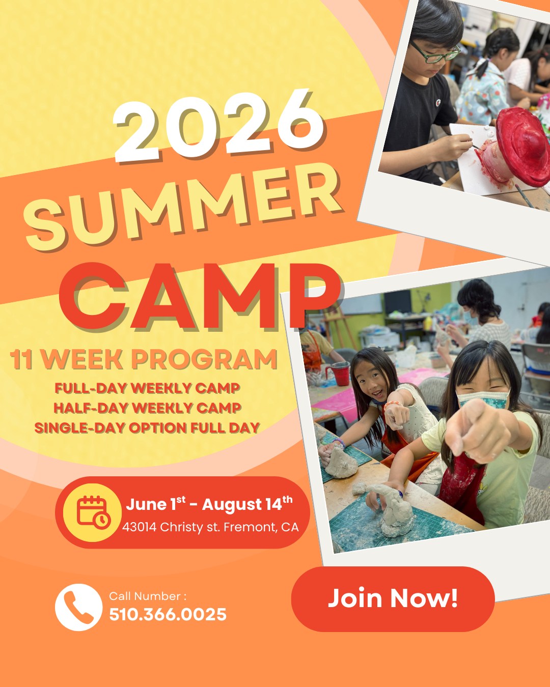 Celebrating 9 years of inspiring young artists, Can Art Studio offers engaging and professionally designed art programs for children and teens. Our summer camps combine skill-building, creativity, and hands-on projects across drawing, painting, sculpture, and mixed media.
With years of experience running successful camps, we provide a fun, supportive environment with small class sizes and personalized guidance. Families trust Can Art Studio for its rich, creative curriculum and high-quality art camp experience.
Visit canartstudio.com to sign up now and qualify for an Early Bird Discount!