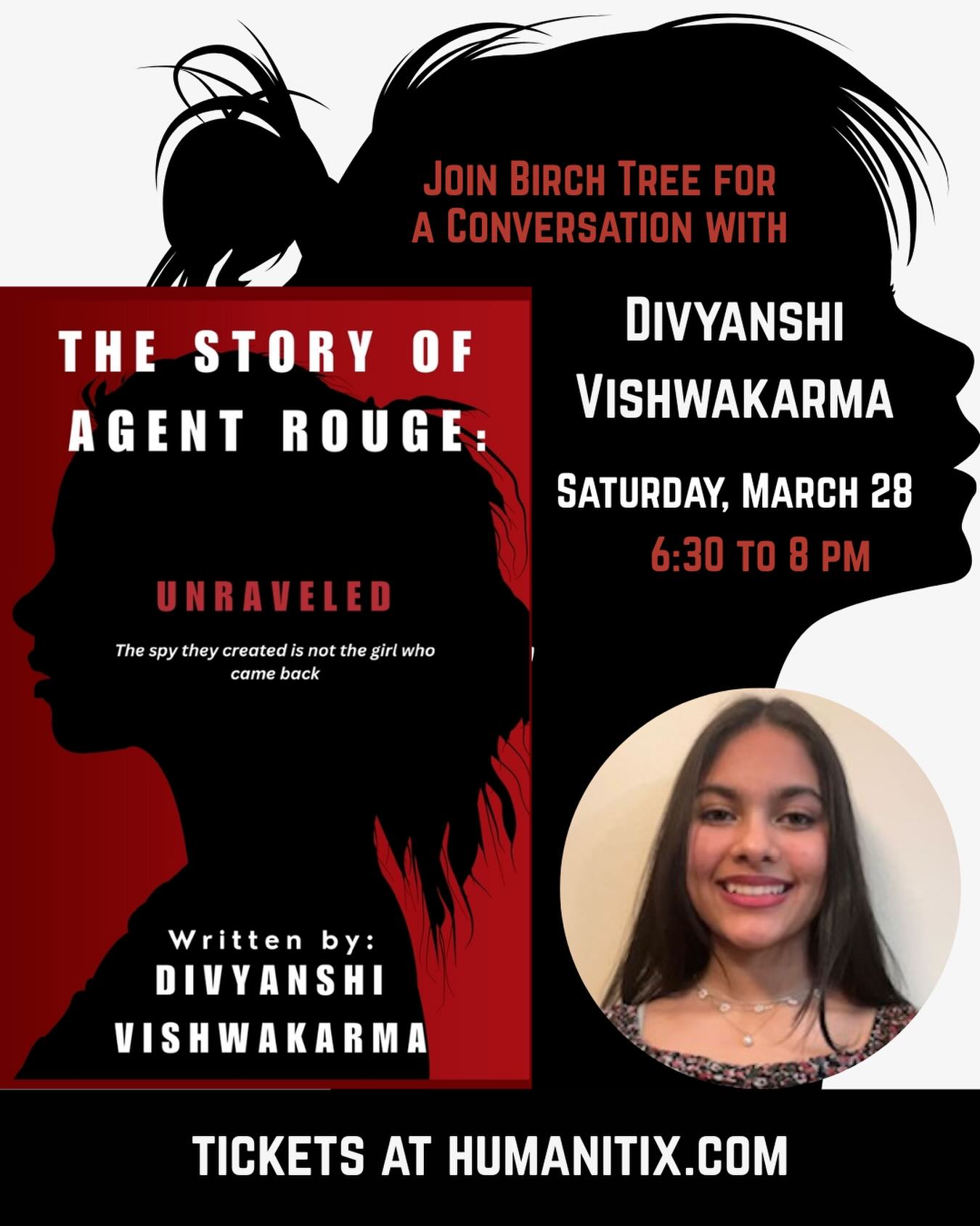 “She woke up with no past. Just a mission. And a city full of enemies.”
And so begins local YA author Divyanshi Vishwakarma’s “Unraveled,” the first in The Story of Agent Rouge duology. Divyanshi will be in the shop on Saturday, March 28 at 6:30 pm to discuss what it took to publish her first book at age 13, and what she’s writing next.
Tickets are available at the link in our bio and at birchtreebookstore.com.