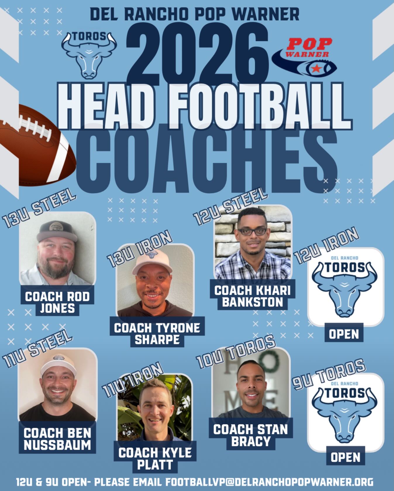 Meet Our 2026 Football Coaches! 🔥🏈
We’re excited to officially introduce the incredible leaders who will be guiding our athletes this season! 💪
Come meet our 2026 Football Coaching Staff tomorrow at the Football Clinic & Season Kickoff Cookoff! This is a great opportunity for athletes and families to connect with coaches, learn new skills, and kick off the season the TORO way! 🐂❤️
📍 Football & Cheer Clinic: 2:00–4:00 PM
🌶️ Season Kickoff Cookoff: 3:00–6:00 PM
Let’s build excitement, grow our TORO family, and get ready for an amazing season ahead! See you there! 🤘🏆