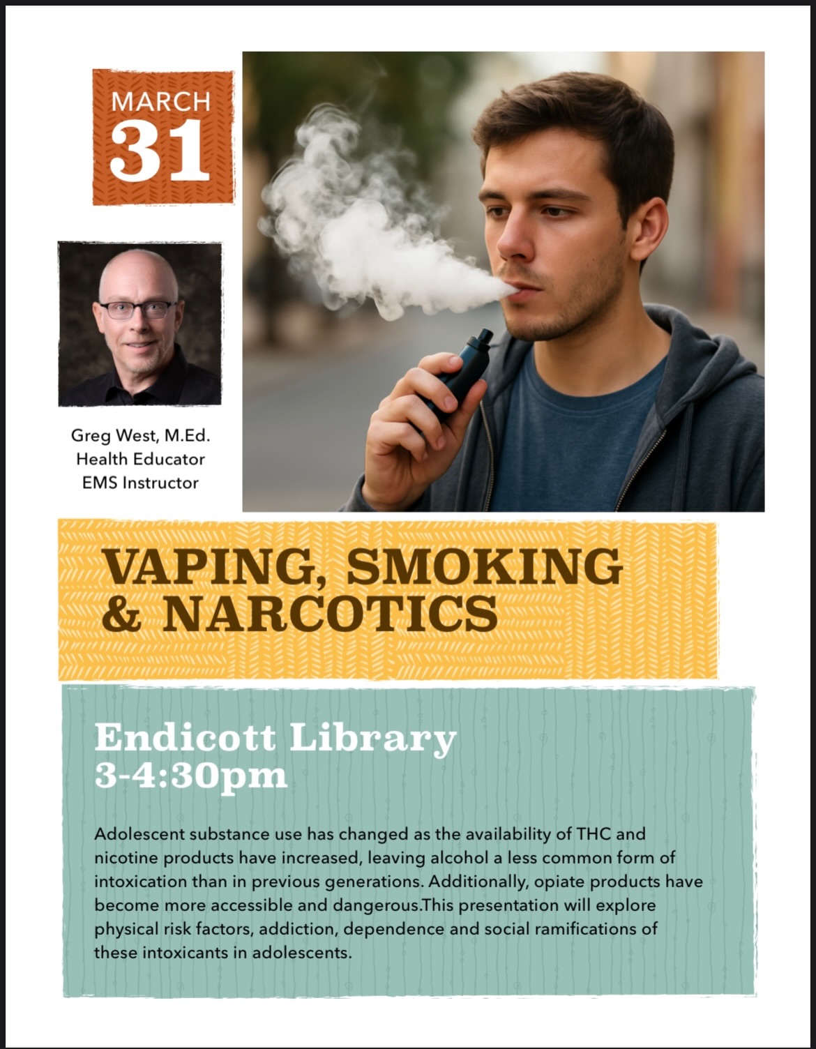 📣 Let’s Talk About Teen Health
Join us March 31st for two powerful workshops addressing substance use and mental health in adolescents.
@dedhampubliclibrary
🚭 Vaping, Smoking & Narcotics
3:00 PM - 4:30 PM | Endicott Library
Explore how substance use among teens is evolving and learn about the physical, social, and mental health impacts.
🧠 Depression & Suicide
6:30 PM - 7:45 PM | Main Library
Gain insight into adolescent mental health and how to recognize warning signs and support young people with care and understanding.
🤝 Knowledge empowers communities. Come be part of the conversation.
https://events.dedhamlibrary.com
#dedham #mentalhealth #community #support