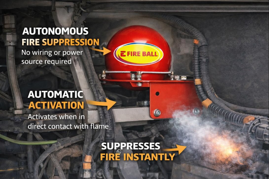Vehicle fires happen about every 3 minutes in the U.S.
Engine compartments combine heat, fuel, and electrical systems in a confined space, making them one of the highest-risk areas in transportation vehicles.
The E Fire Ball provides autonomous fire suppression directly inside these compartments.
No wiring. No power supply. Activates automatically when flame contacts the unit.
Used in buses, trucks, generators, and heavy equipment to help stop fires before they spread.
#efireusa #firesafety #fireprotection #fleetsafety #transportationsafety