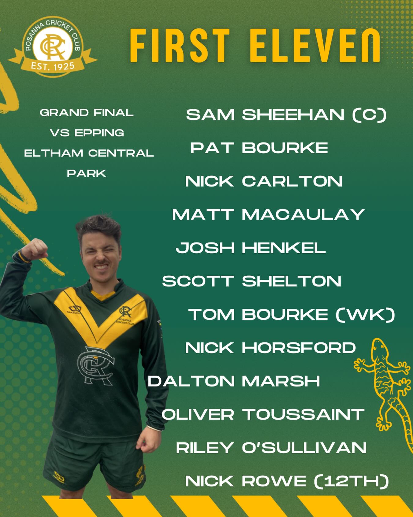 TEAMS - GRAND FINAL π
How our 1st XI line up in a huge couple weeks for the club πΊ
Get down to support our boys at Eltham Central on the 14th and 21st of March!
Go Reptiles π¦
