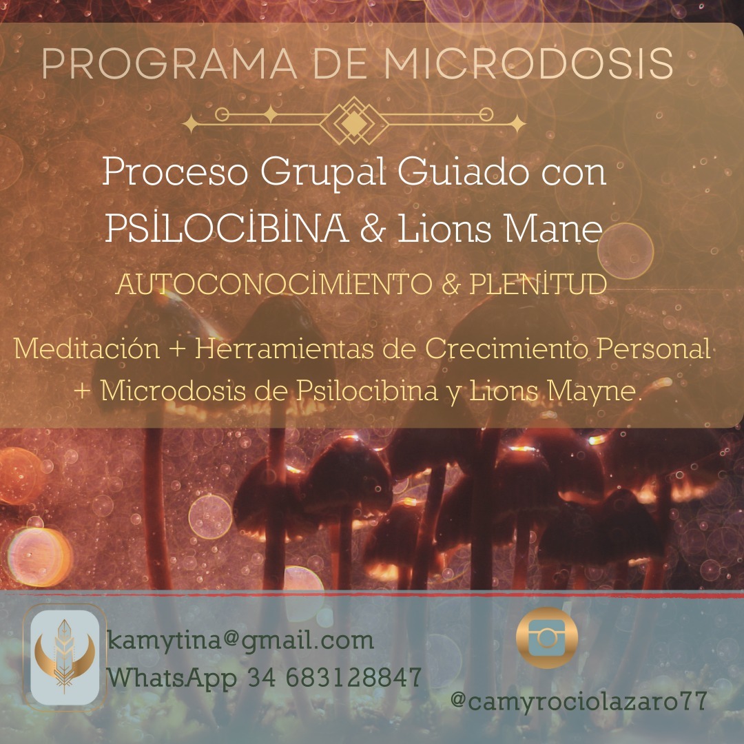 Experiencia Guiada en Grupo a través de 5 semanas de Autoexploración con la Psilocibina y la Melena de León.
La Psilocibina es el componente psicoactivo del Hongo Psilocybe Cubensis, siendo su estructura muy parecida a la Serotonina.
El Hongo Melena de León tiene beneficios tales como:
Mejora de la cognición
Propiedades neuroprotectoras
Mejora de la digestión
Prevención de enfermedades cardíacas
Propiedades anticancerígenas
Cuando se toman juntos, se produce una sinergia en la cual sus efectos beneficiosos se potencian.
Caminar este proceso en grupo es una gran oportunidad para compartir tu proceso y conocer a otras personas afines.
Formato Online.
Contacta para más info, arrancamos en Octubre... o sea, ya mero!!