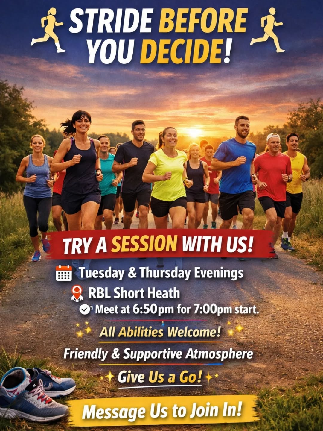 🏃♀️ STRIDE BEFORE YOU DECIDE! 🏃♂️
Thinking about joining a running club? Why not come and try us out first!
Join us on Tuesday or Thursday evenings and experience what our club is all about.
📍 RBL Short Heath
⏰ Meet at 6:50pm for a 7:00pm start
Whether you're new to running, returning after a break, or an experienced runner, we welcome all abilities and paces. Our sessions are friendly, supportive, and designed so everyone can enjoy their run.
👟 Second claim members are also very welcome.
✨ Come along, meet the group, and see if we’re the right fit for you.
📩 Please send us a message to let us know if you'd like to join us.
We’d love to run with you!