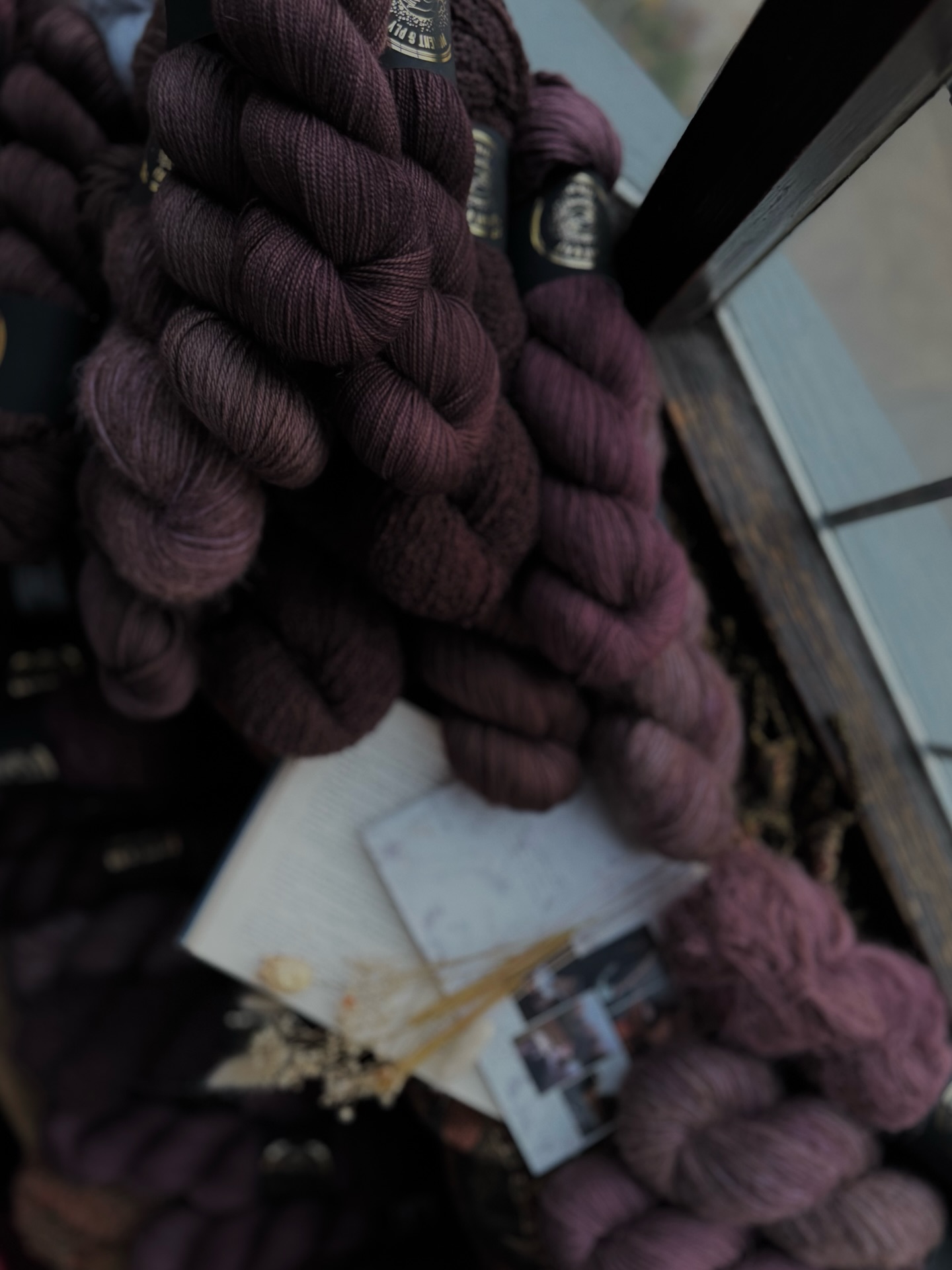 Leave the door unlocked 🖤✨
A truly difficult colour to photograph! But a warm mix of purple based burgundy and chocolate browns.
Shown on:
1. All bases
2. NSW bases
3. 75/25 Sock
4. SWM Sock
5. Alpaca Silk Cashmere
6. Corridale Woolen Spun
7. Suri silk DK
8. Alpaca Cotton DK