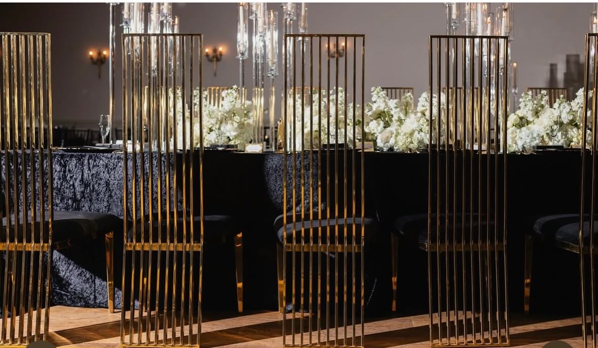 Our Bella high back chairs in black and gold. Decor & planning by @christianandcoevents #luxuryeventrentals #luxurychairrentals #eventrentalsatlanta #partyrentalsatlanta #georgiaeventrentals