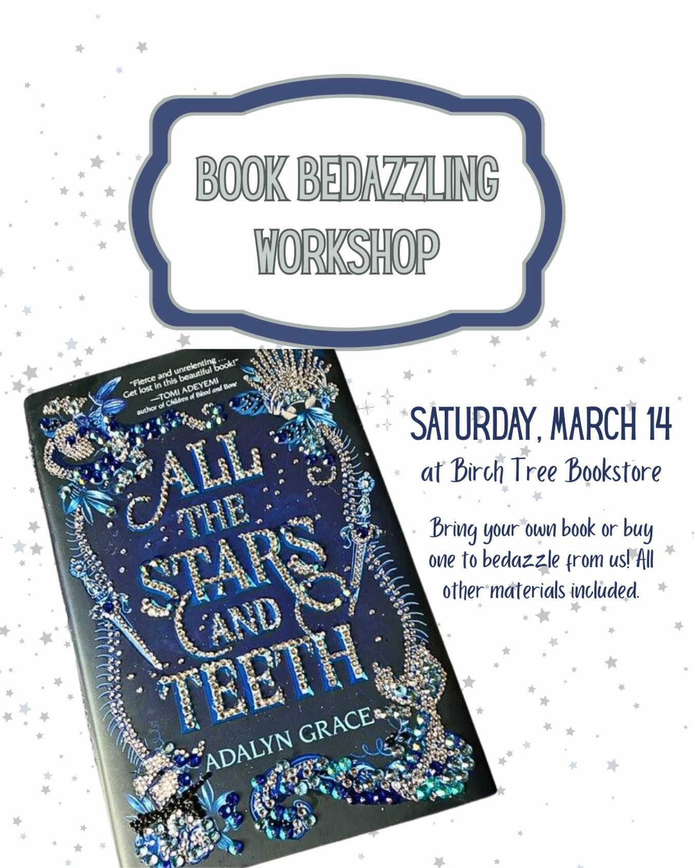 Best believe we’re still bejeweled…and you can be too!
Our next book bedazzling workshop is this Saturday at 6:30 pm. You can bring your own book or buy one from us to bring a little pizzazz to your favorite read. All other supplies are included.
Space is limited, so get your ticket now at the link in our bio.