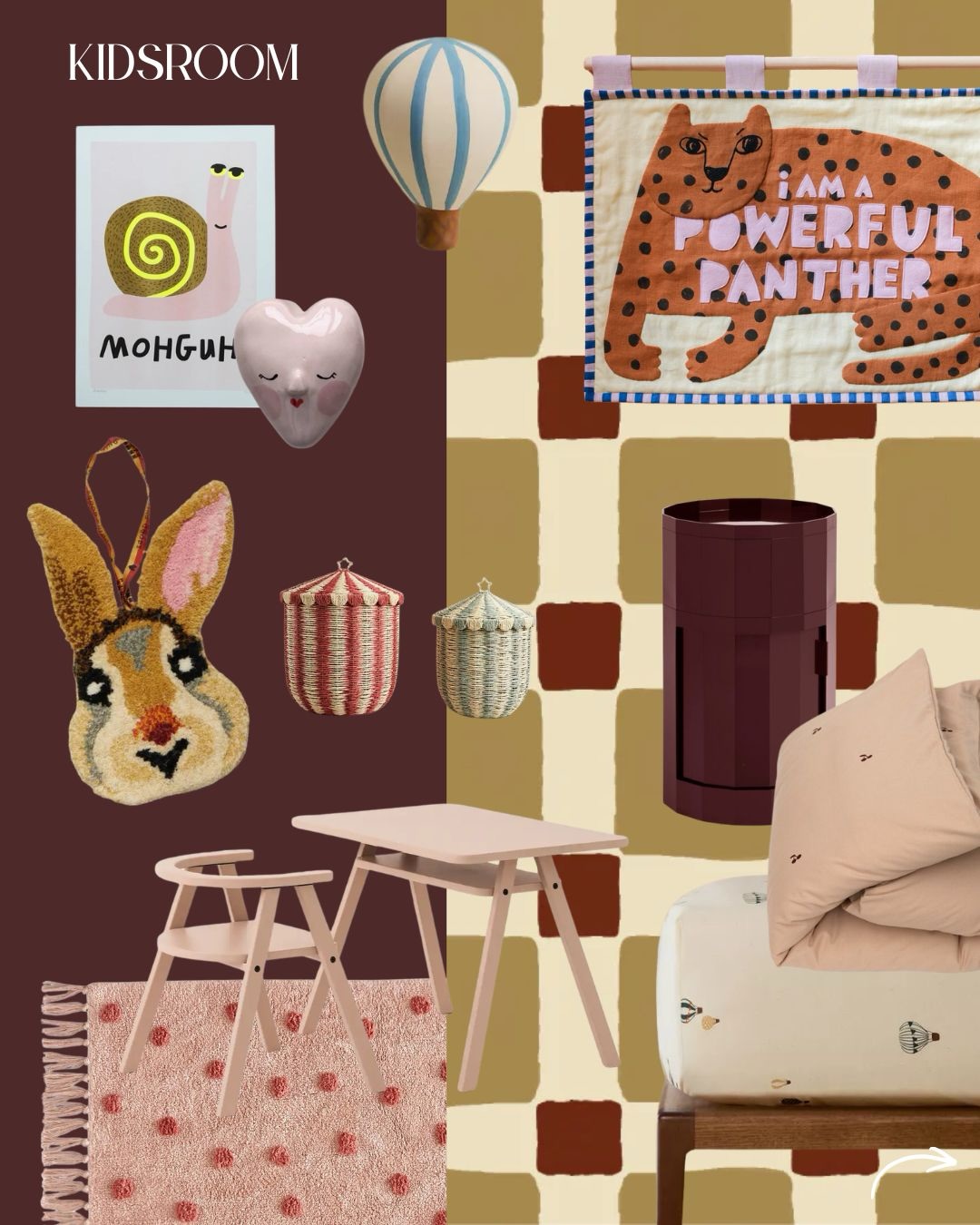 KIDSROOM MOODBOARD 🐆🐌🐰
Burgundy, zacht roze en een grafisch behang dat de kamer laat leven.
Speels, warm en een tikje eigenwijs 🍒 precies wat een kinderkamer mag zijn.
Een plek om te spelen, te groeien en te dromen 🤎