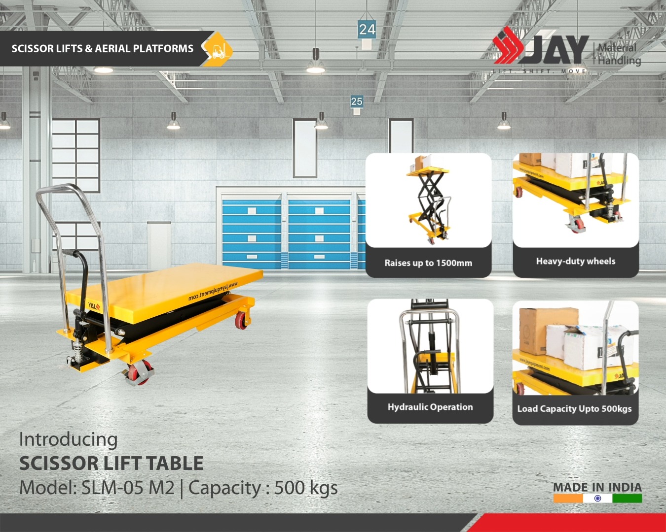 Move heavy materials with ease and efficiency.
.
The Scissor Lift Table – Model SLM-05 is designed to handle loads up to 500 kg, lifting materials smoothly up to 1500 mm. With a 1200 × 600 mm platform, hydraulic operation, and heavy-duty wheels, it ensures safe and effortless handling of large materials in warehouses, factories, and workshops.
.
Built for strength, stability, and productivity.
.
📩 Contact us to know more.
📞 Call: +91 95452 34222
📩 Email: sales@jayequipment.com
🌐 Explore: jayequipment.com | shop.jayequipment.com
.
#ScissorLiftTable #MaterialHandling #IndustrialEquipment #HydraulicLift #LiftTable #IndustrialSolutions #IndustrialTools #JayEquipment