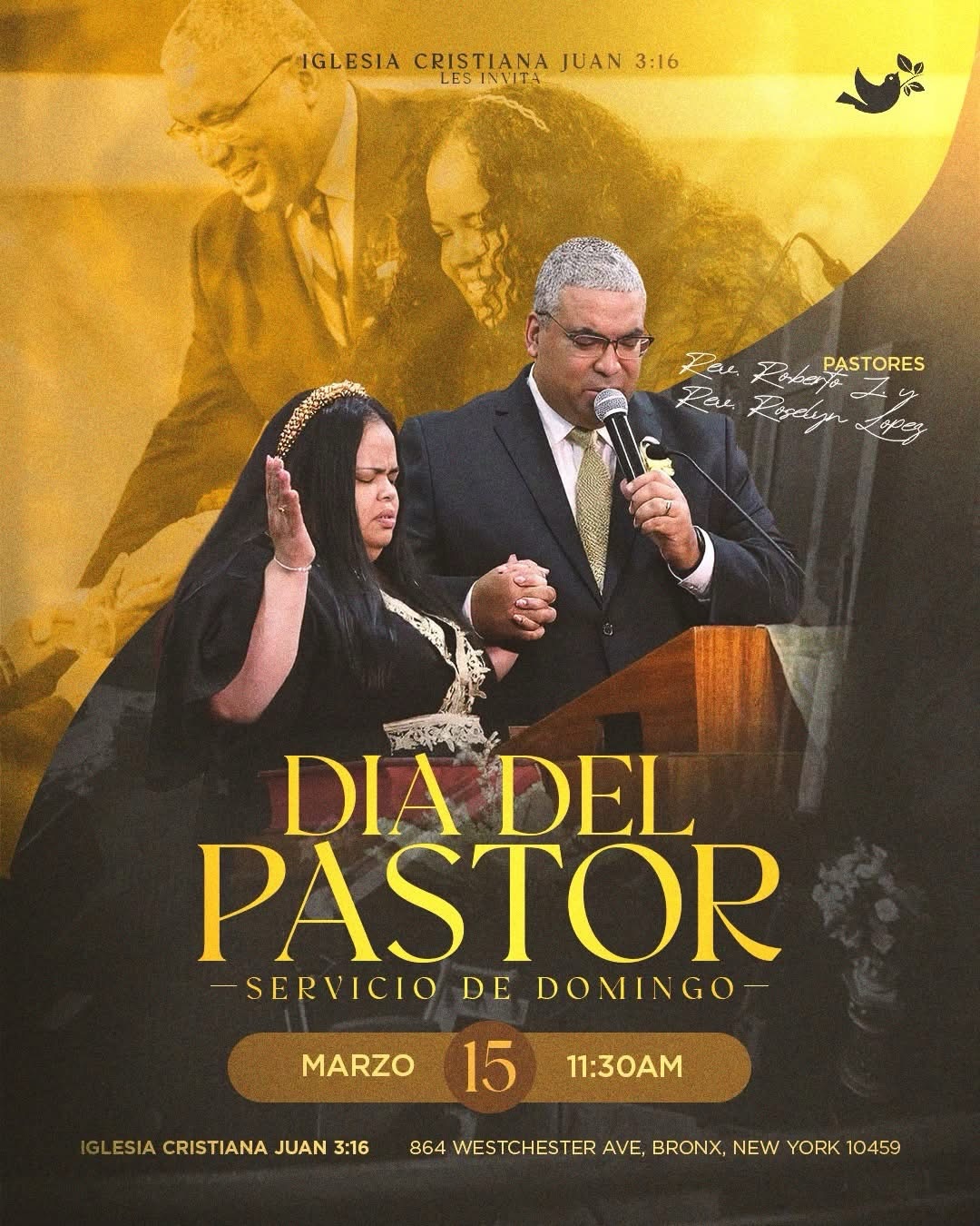 ¡Acompáñanos este Domingo, 15 de Marzo a Celebrar el Día del Pastor! 🎉
Un tiempo especial para honrar y mostrar nuestro amor y agradecimiento a nuestros Pastores, Rev. Roberto J. & Rev. Roselyn Lopez, por su dedicación, liderazgo y servicio fiel a la obra de Dios. 🙌
¡No te pierdas este hermoso tiempo de celebración!
Unámonos en amor, gratitud y aprecio por los pastores que Dios ha puesto en nuestras vidas. 💛
Domingo, 15 de Marzo a las 11:30AM
Les Esperamos.
#icj316 #john3youth #pastorsday #pastorappreciation