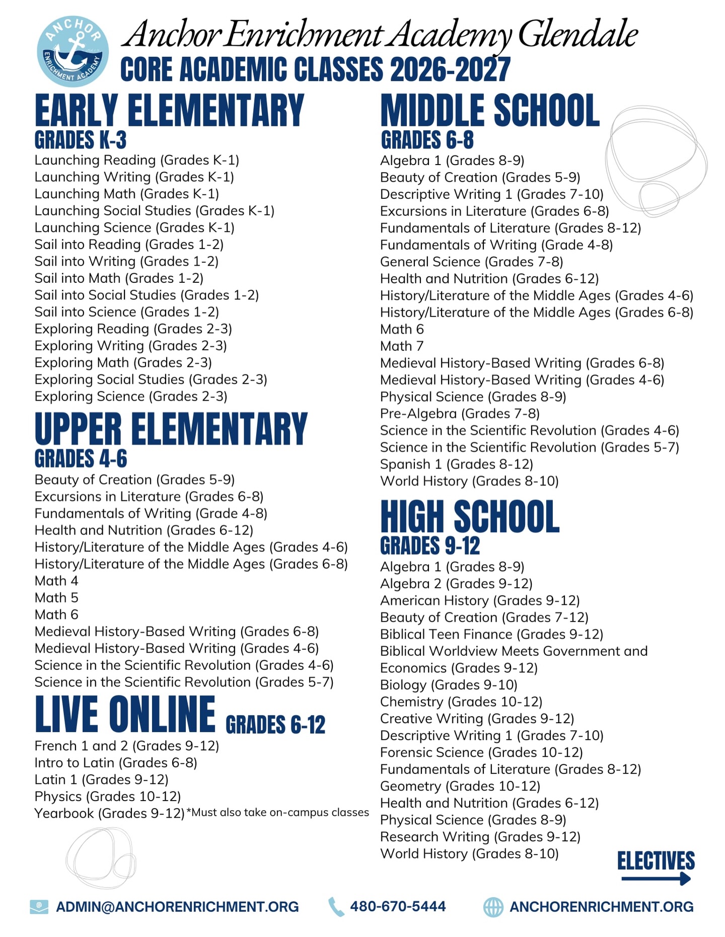 Check out all the class options at Anchor next year! 🤩 Our website will have ALL the customizable class schedules out on Monday. So exciting! We are here to help you get ready for an AWESOME 2026-2027! Don’t forget to RSVP to Open House and select the session time that works best for your family. Bring the kids! It’ll be a blast ⚓️ https://www.anchorenrichment.org/events-1