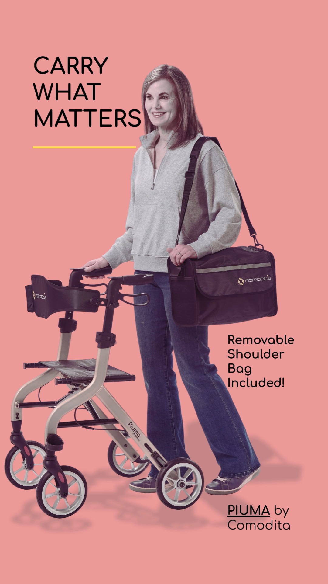 Carry what matters.
The Piuma’s removable shopping bag easily converts to a shoulder bag — perfect for errands, markets, and everyday life.
Smart design. Real convenience.
See link in Bio.
www.ComoditaUSA.com
#WalkWithConfidence #ActiveLiving #MobilitySupport #qualitymatters #BeautifulDesign #DesignedForLife #MobilityAids