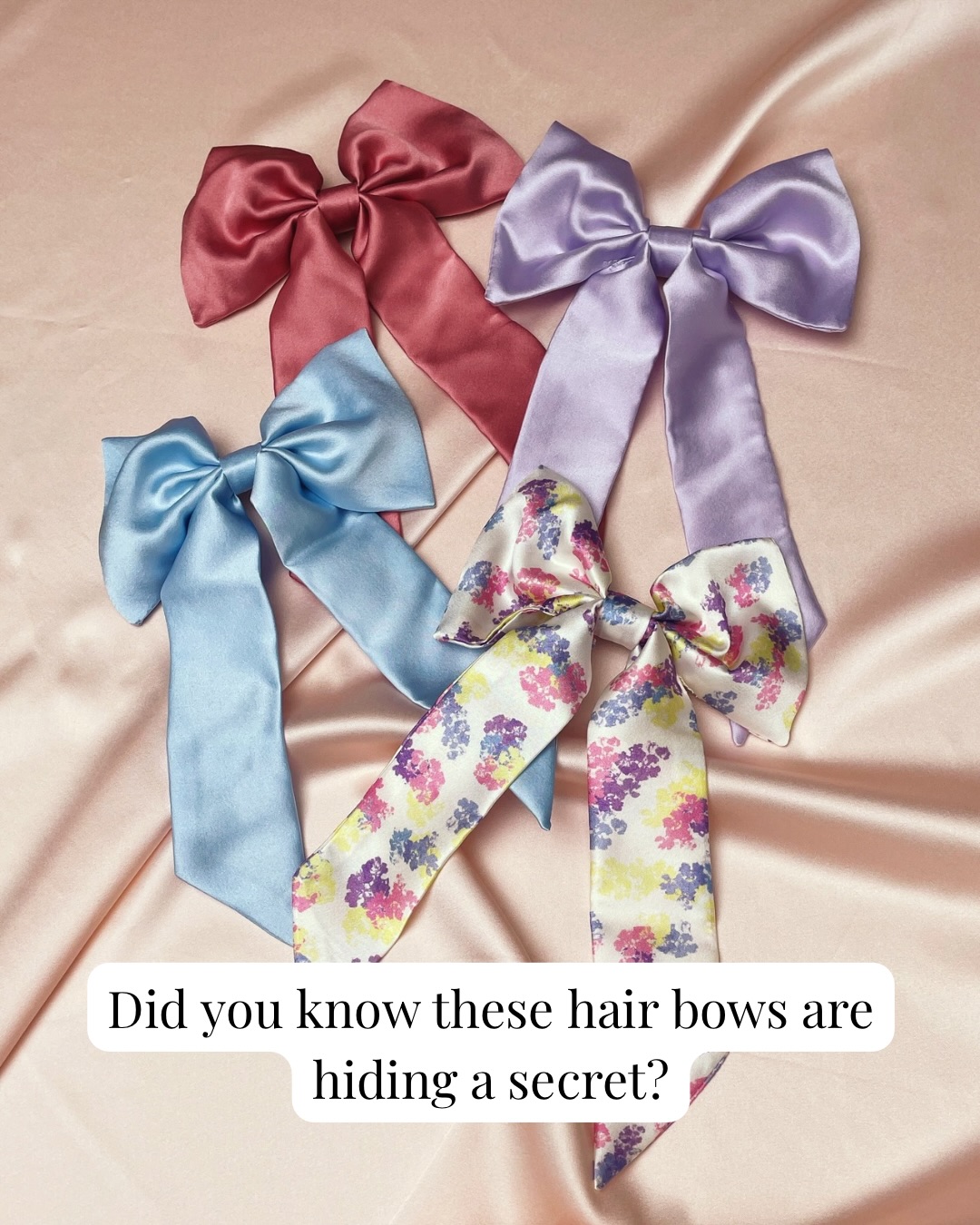 Did you know these hair bows are hiding a secret? 🎀
You can remove and add the tails back in for two styles in one
Just use a bobby pin to slide the tails back in
Who doesn’t love a multitasking accessory?
Image description- 4 silk hair bows on the first image the one pale purple silk hair bow on the following images with the tails being removed and added back in with the above caption text added