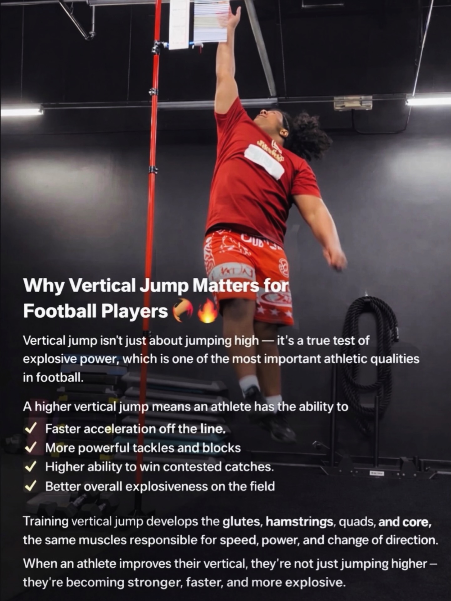 Training vertical jump develops the glutes, hamstrings, quads, and core, the same muscles responsible for speed, power, and change of direction.
When an athlete improves their vertical, they’re not just jumping higher — they’re becoming stronger, faster, and more explosive.
Explosive athletes dominate the game.
Jamaal putting in the work. 🔥💪
