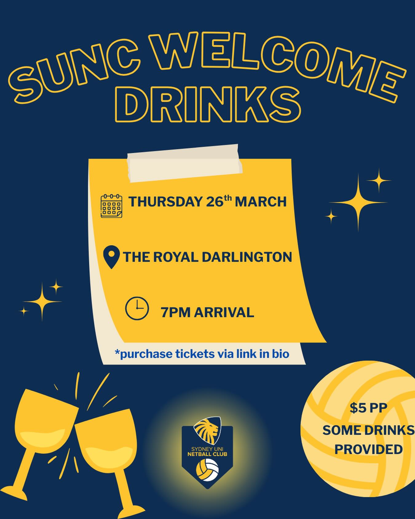 Get to know your teammates, exec and other SUNC members, both new and returning at our welcome drinks!! The night will be filled with a few games, a slideshow and drinks!
When: Thursday 26th March
Where: Upstairs at The Royal Darlington (down the road from SUSAC)
Arrival Time: 7pm
Tickets are $5pp and will include some drinks on arrival!
Purchase tickets via the link in our bio! ππ
See you all there!! #rawr #SUNC π¦